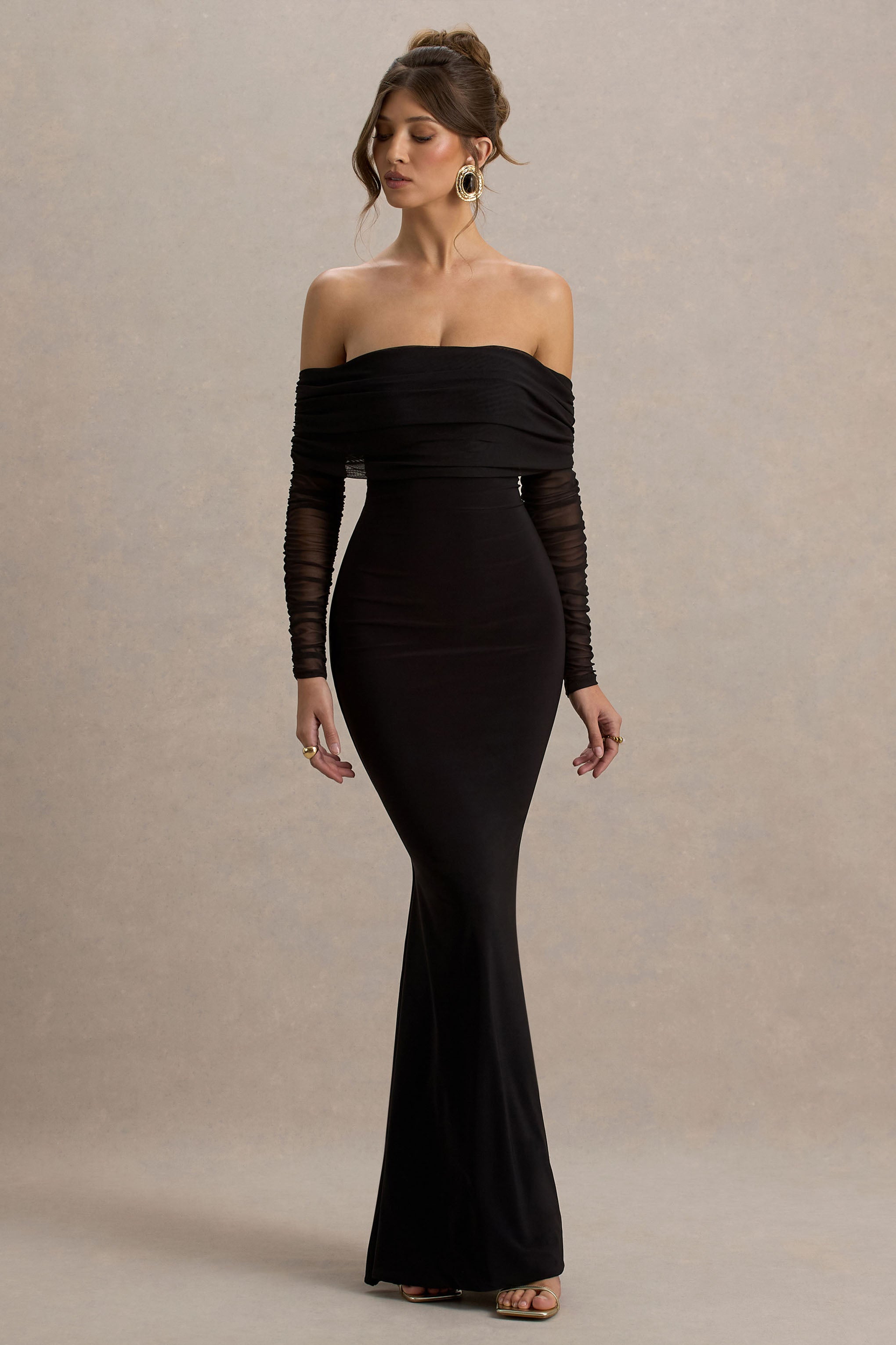 Madeleine | Black Fishtail Maxi Dress With Bardot Mesh Long Sleeves