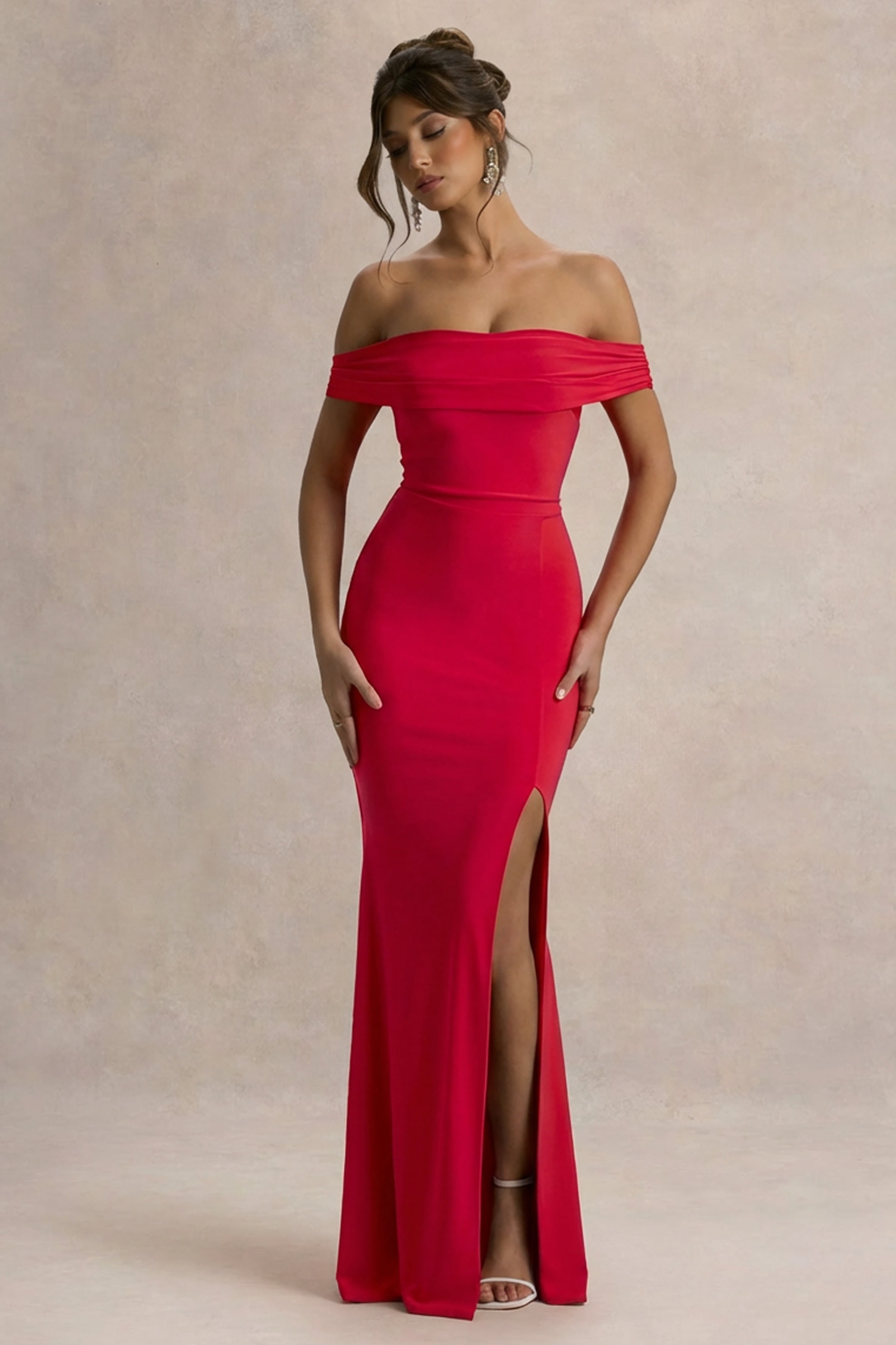 Law of Attraction | Red Bardot Draped Split Maxi Dress