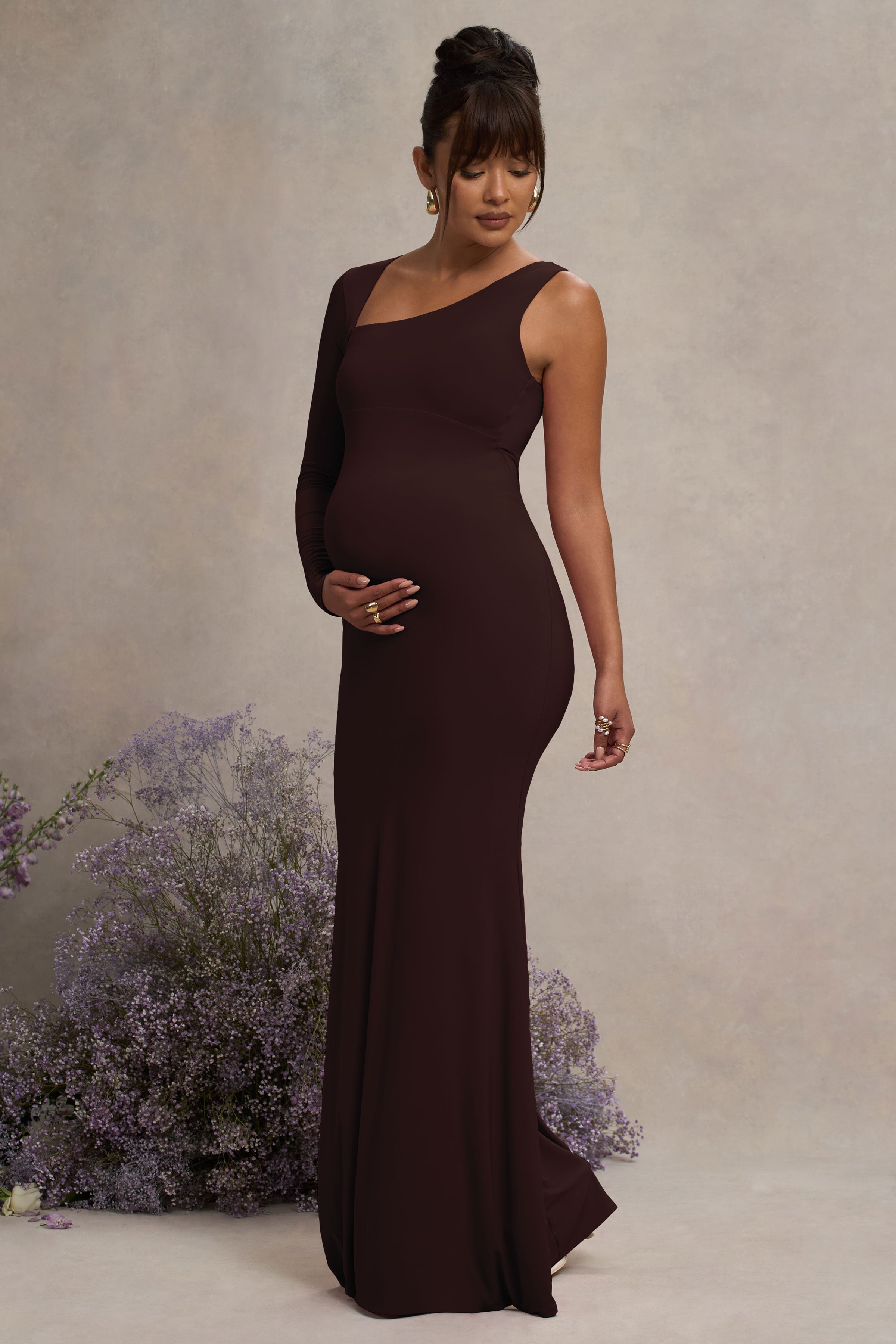 Oh Baby | Brown Maternity One Shoulder Bodycon Maxi Dress
