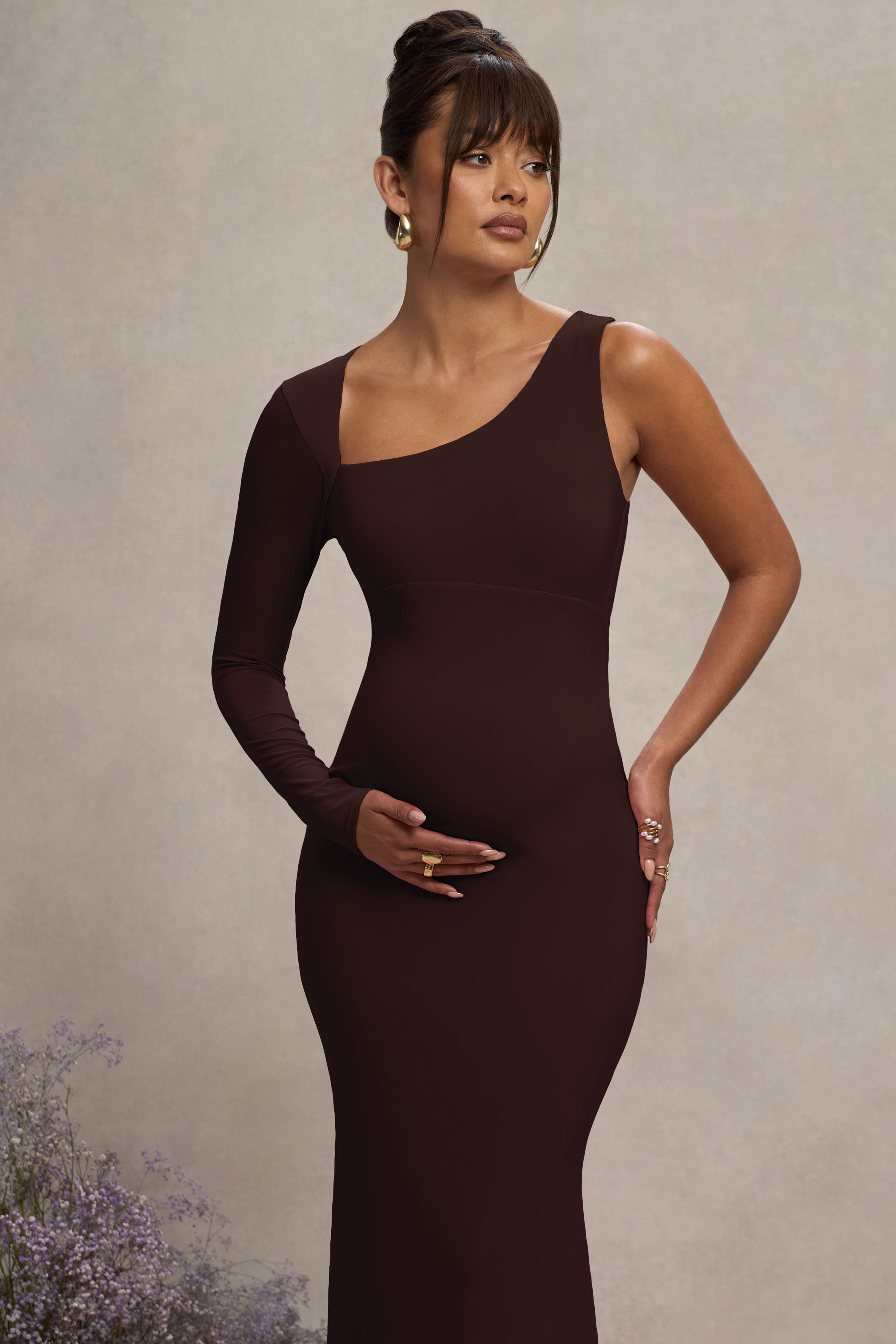 Oh Baby | Brown Maternity One Shoulder Bodycon Maxi Dress
