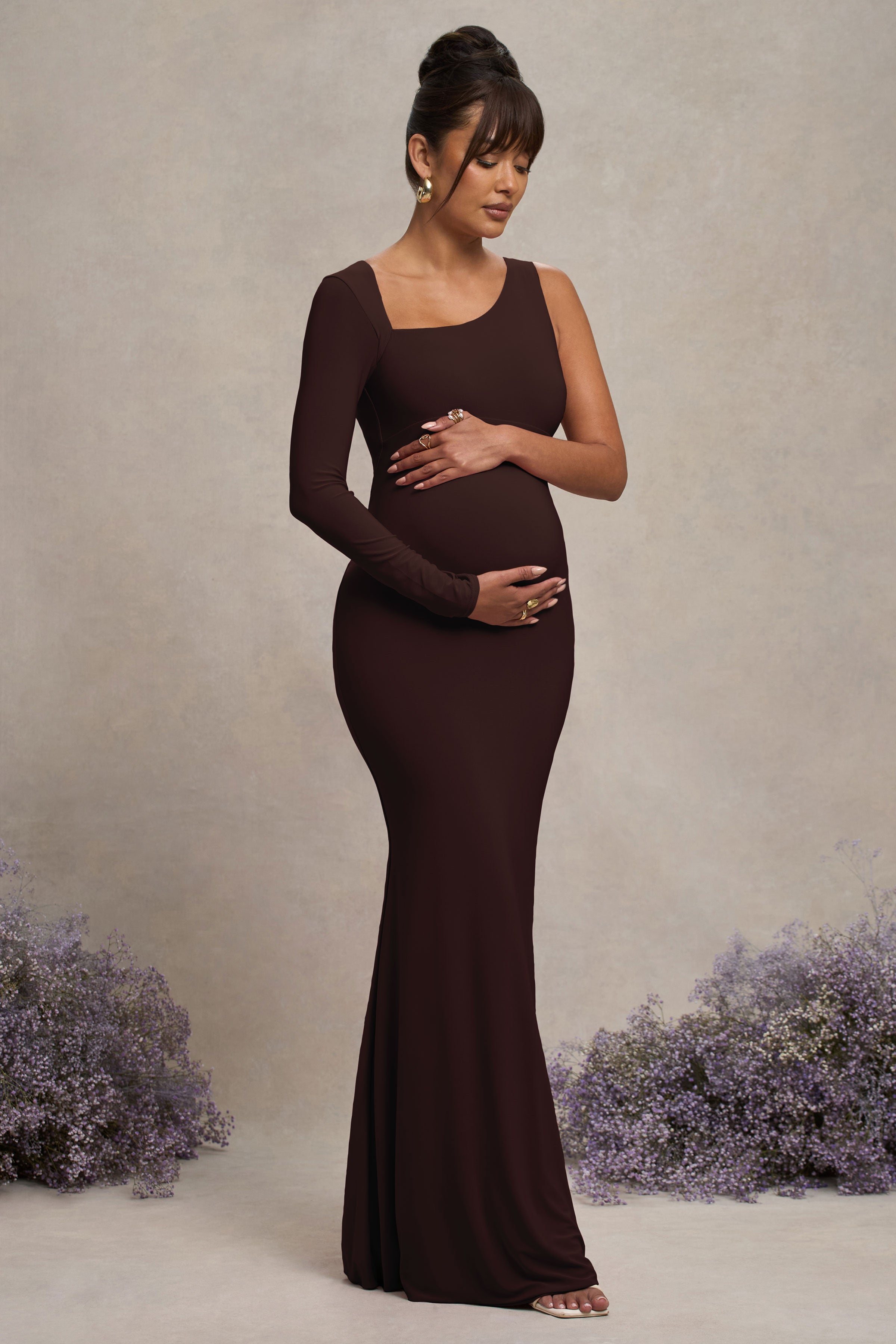 Oh Baby | Brown Maternity One Shoulder Bodycon Maxi Dress
