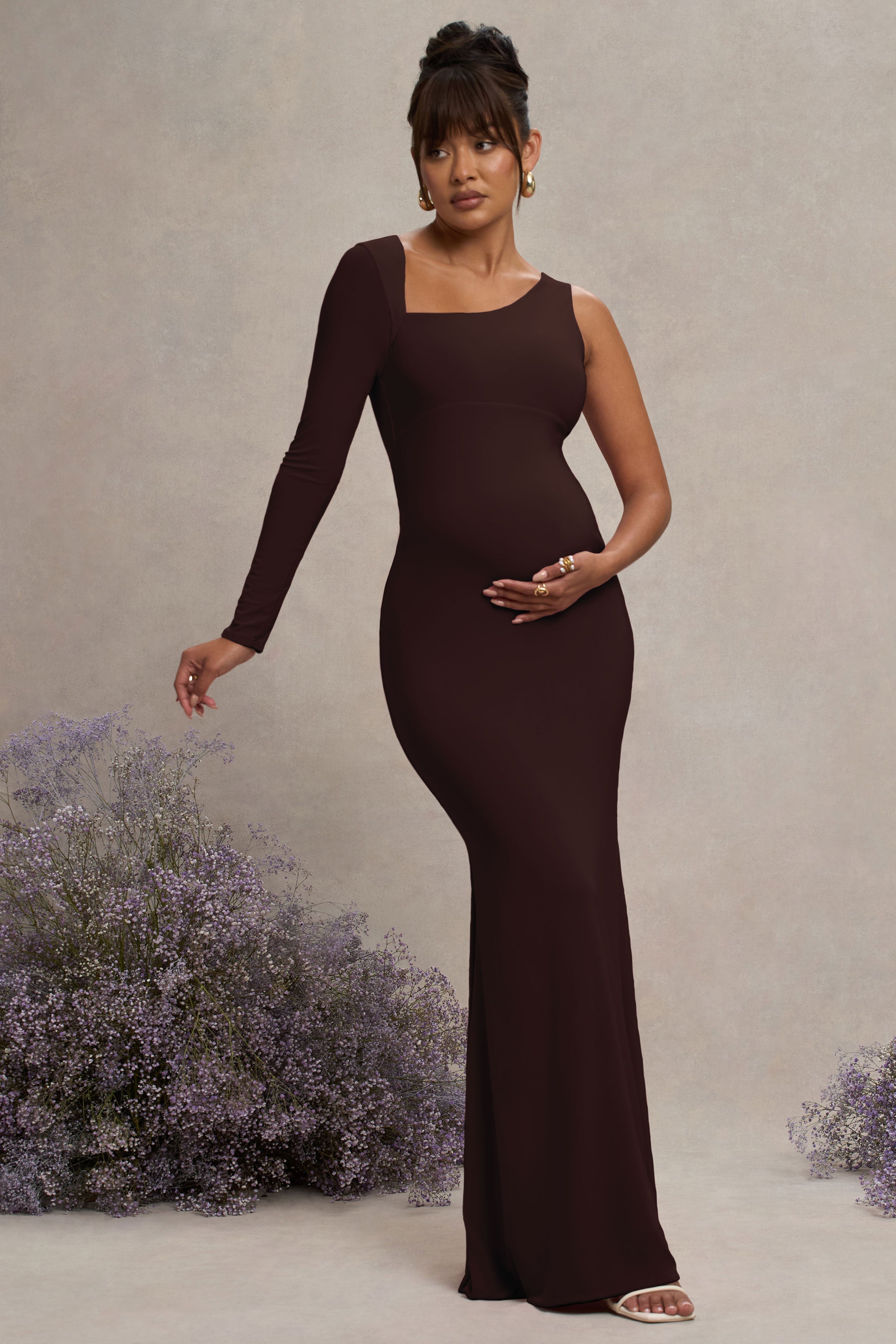 Oh Baby | Brown Maternity One Shoulder Bodycon Maxi Dress