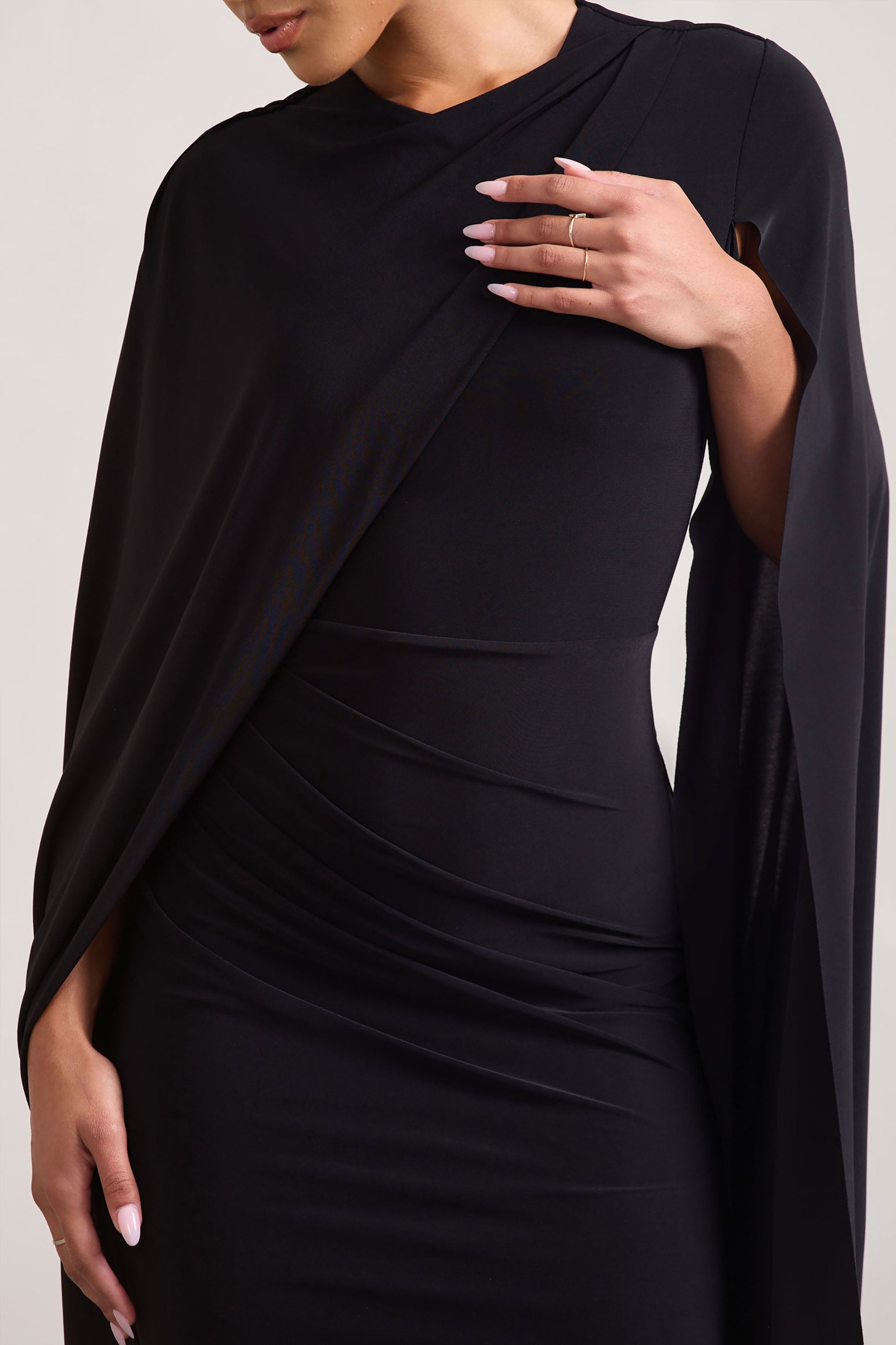 Marysol | Black Asymmetric Cape Midi Dress