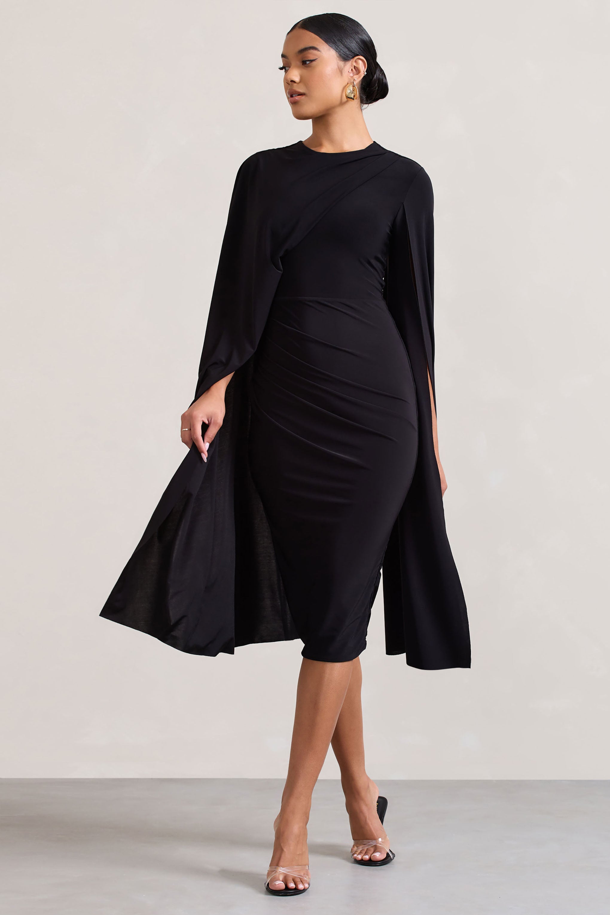 Marysol | Black Asymmetric Cape Midi Dress