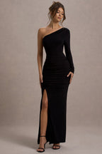 Doll | Black Asymmetric One Sleeve Ruched Maxi Dress