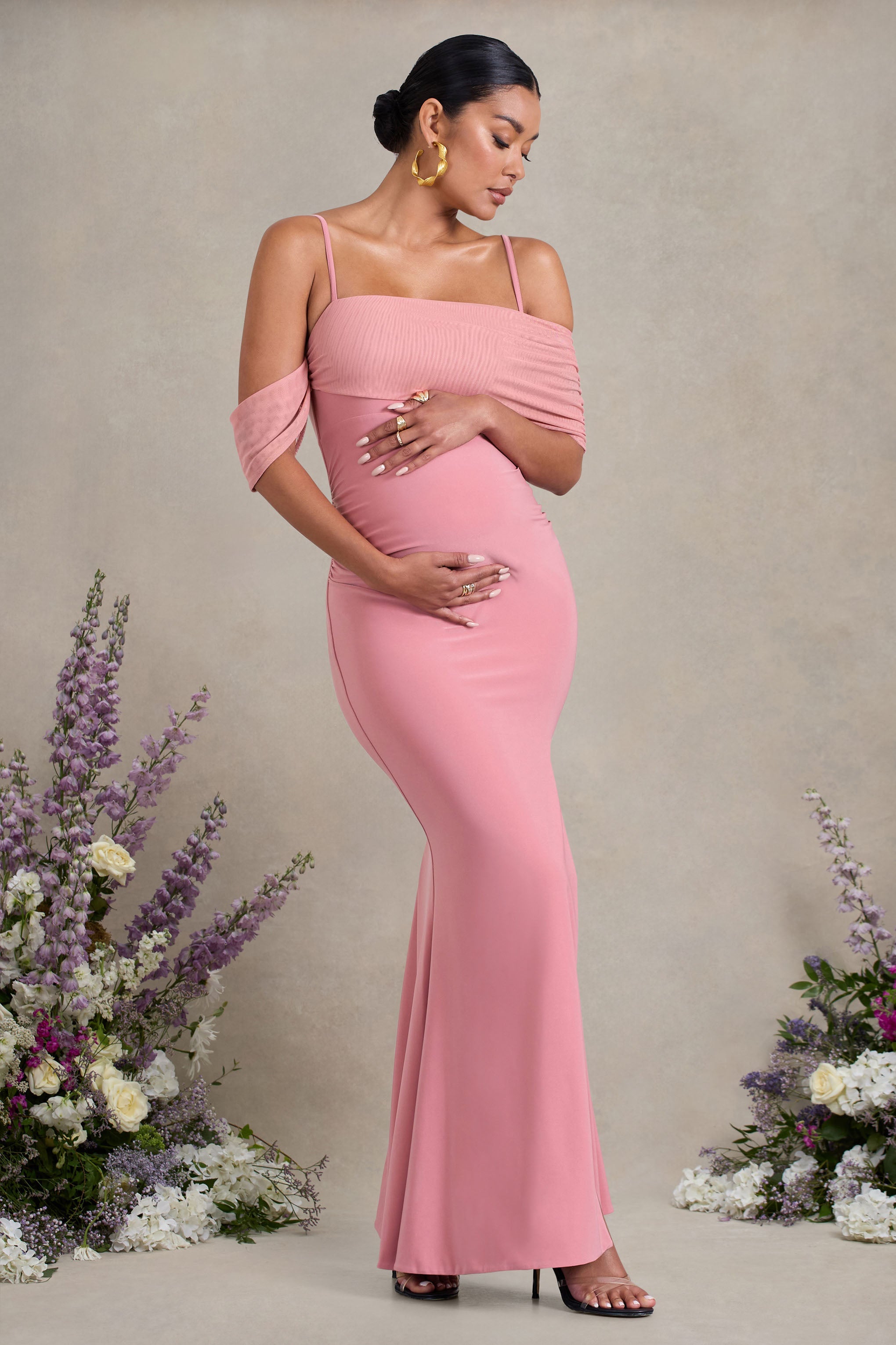 Augusta | Blush Pink Mesh Bardot Strappy Split Maternity Maxi Dress