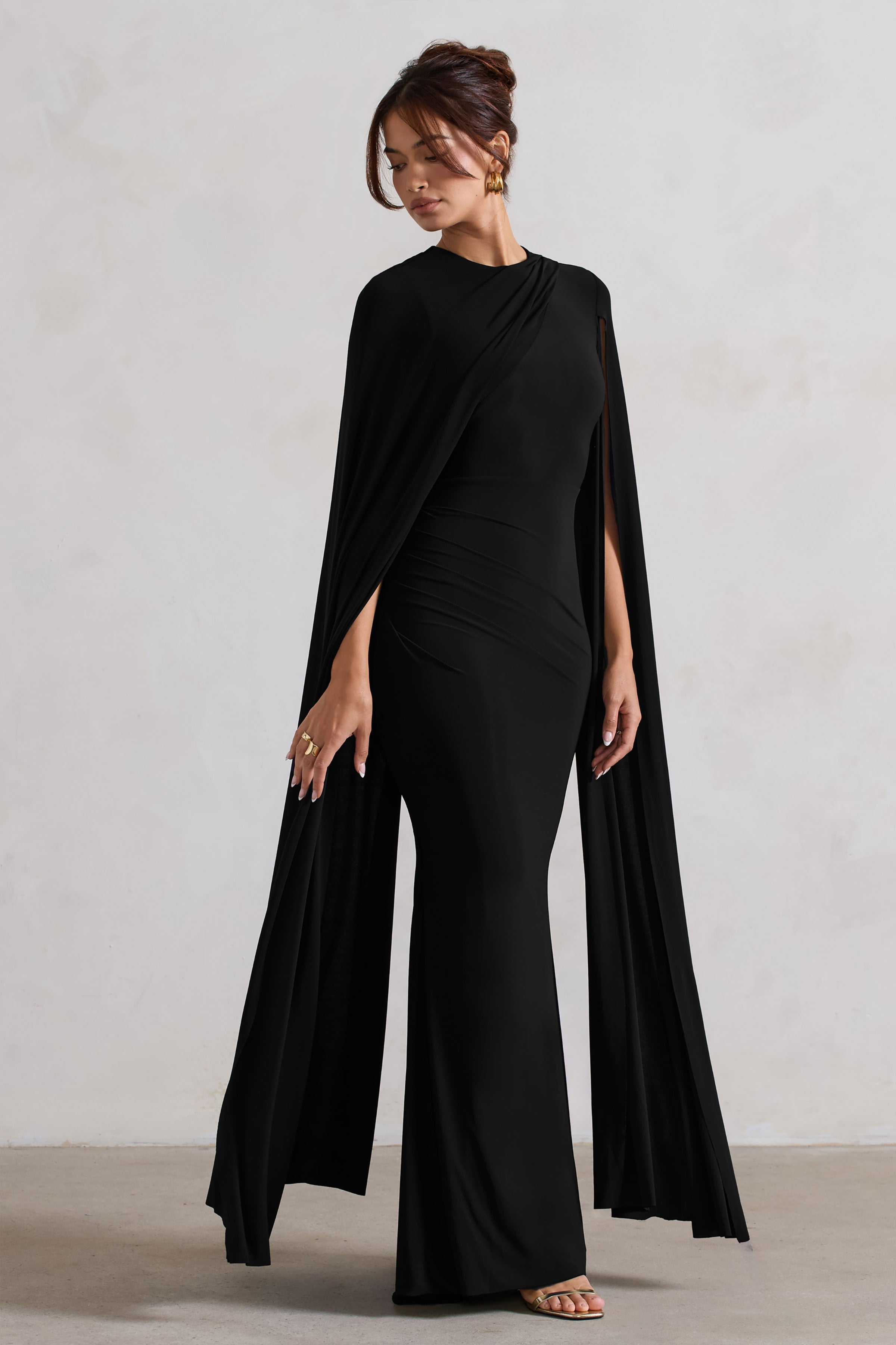 Magdelena | Black Asymmetric Cape Maxi Dress