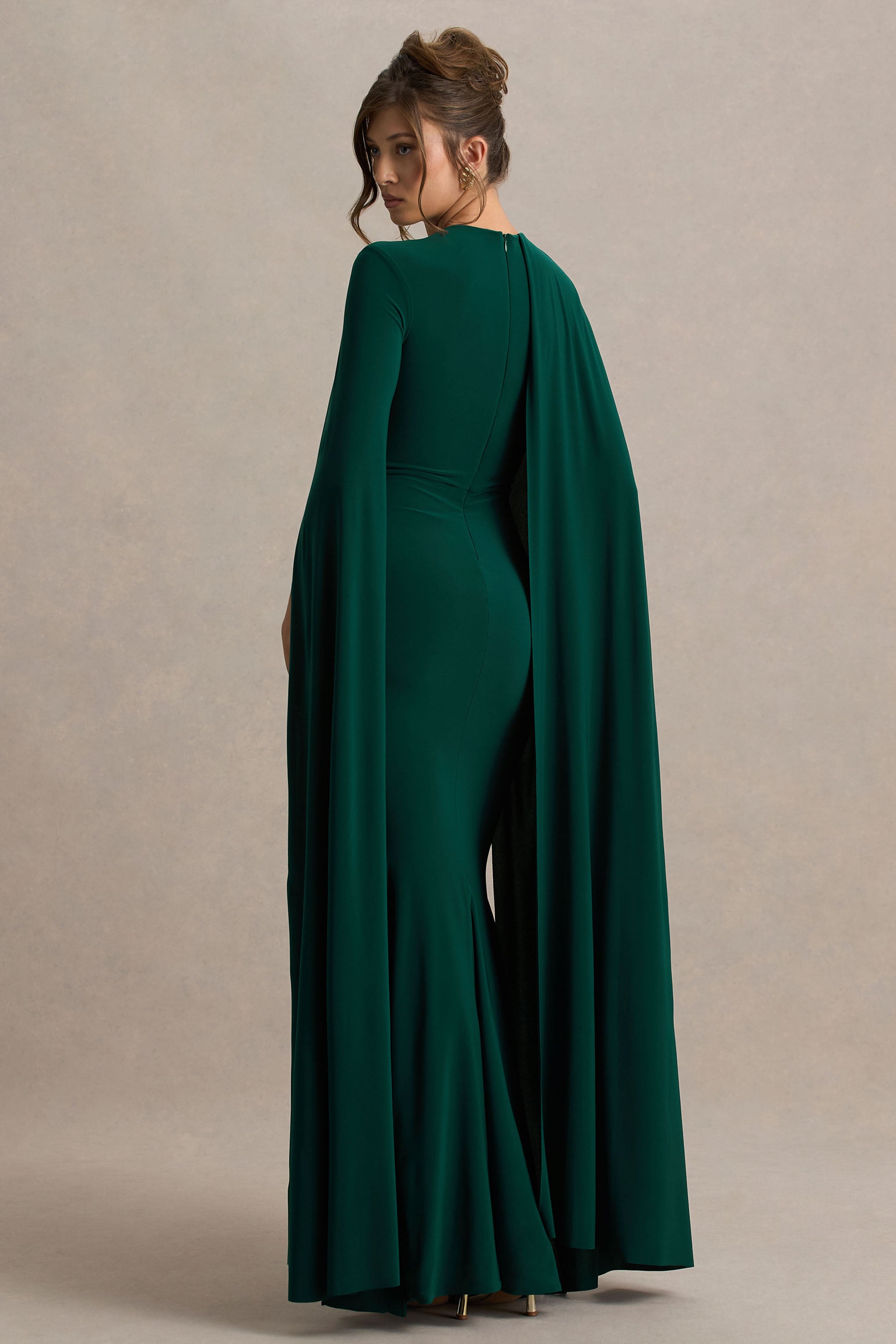 Magdelena | Bottle Green Asymmetric Cape Maxi Dress