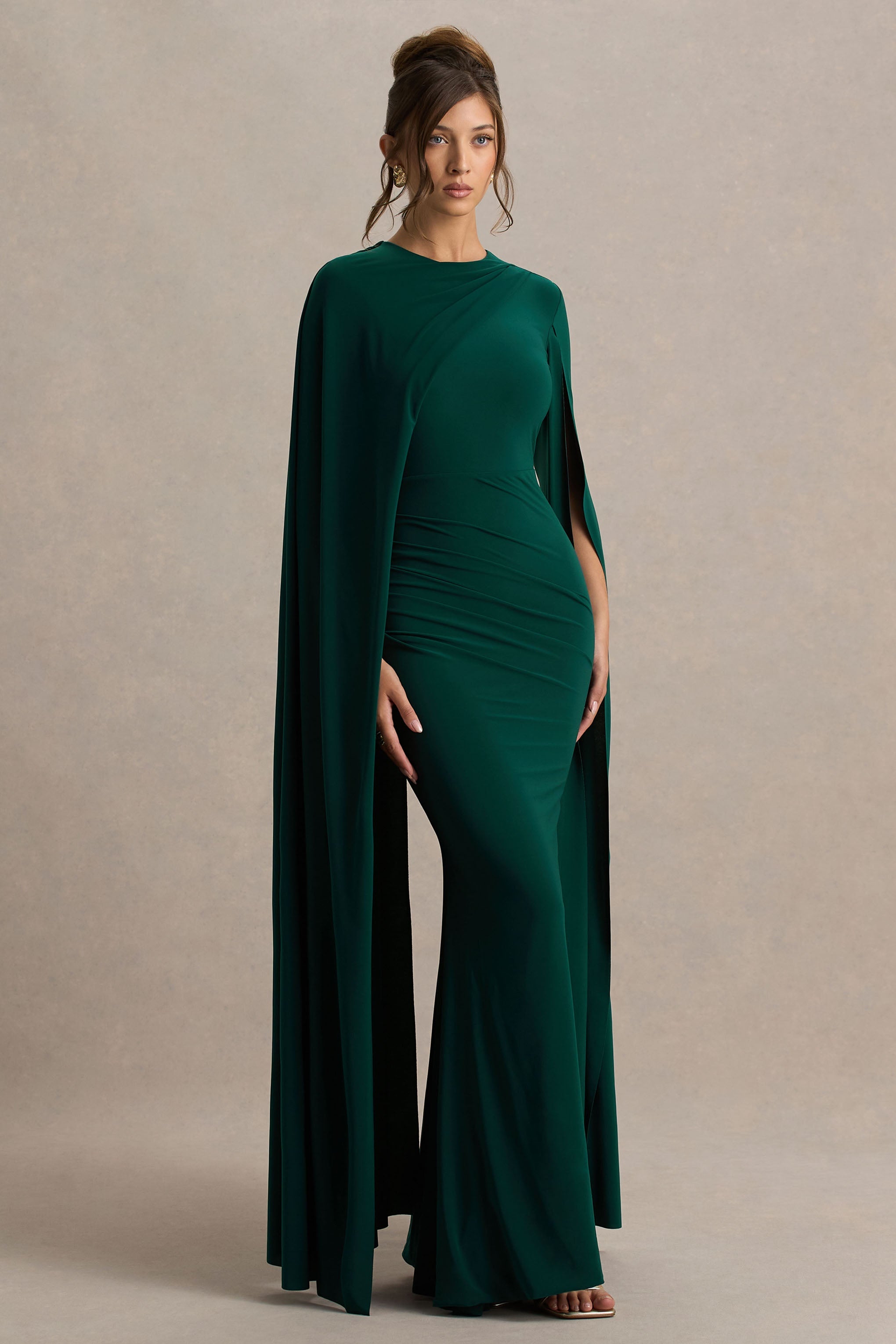 Magdelena | Bottle Green Asymmetric Cape Maxi Dress