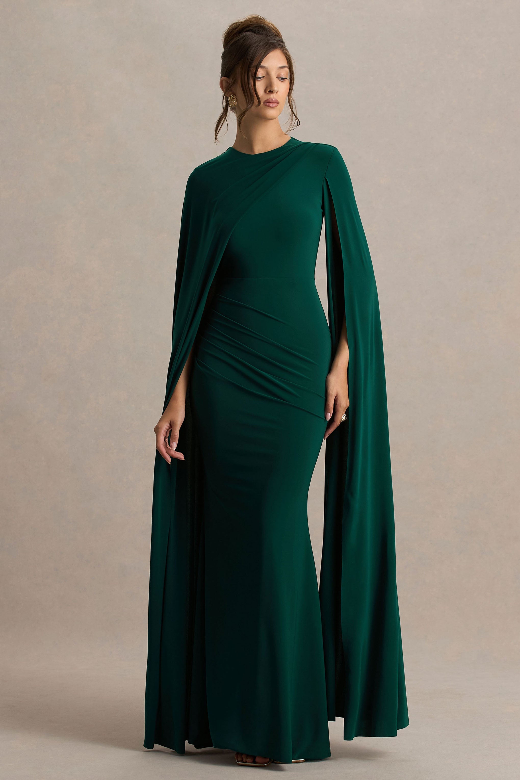 Magdelena | Bottle Green Asymmetric Cape Maxi Dress