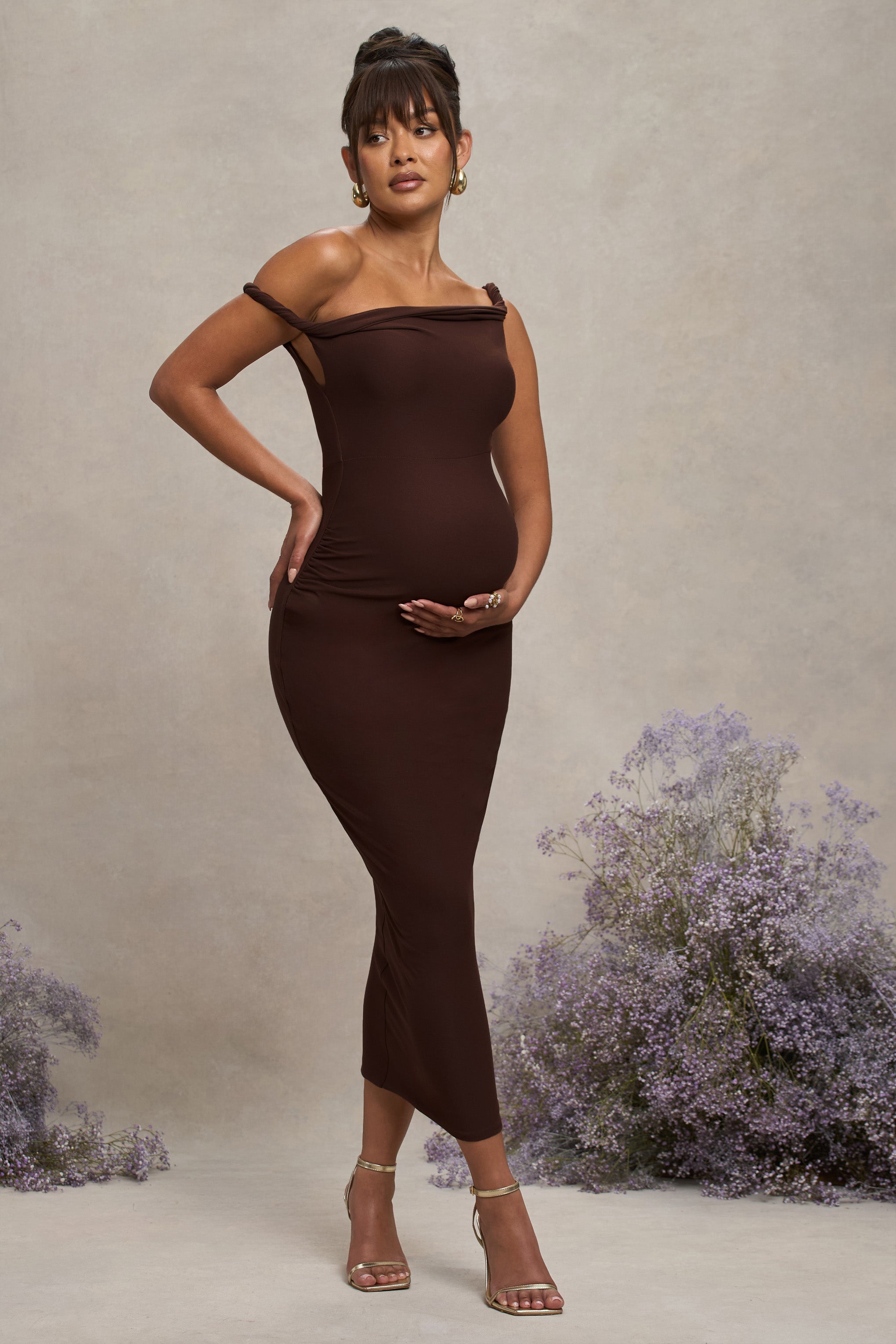 Salome | Chocolate Brown Twisted Asymmetric Maternity Midi Dress