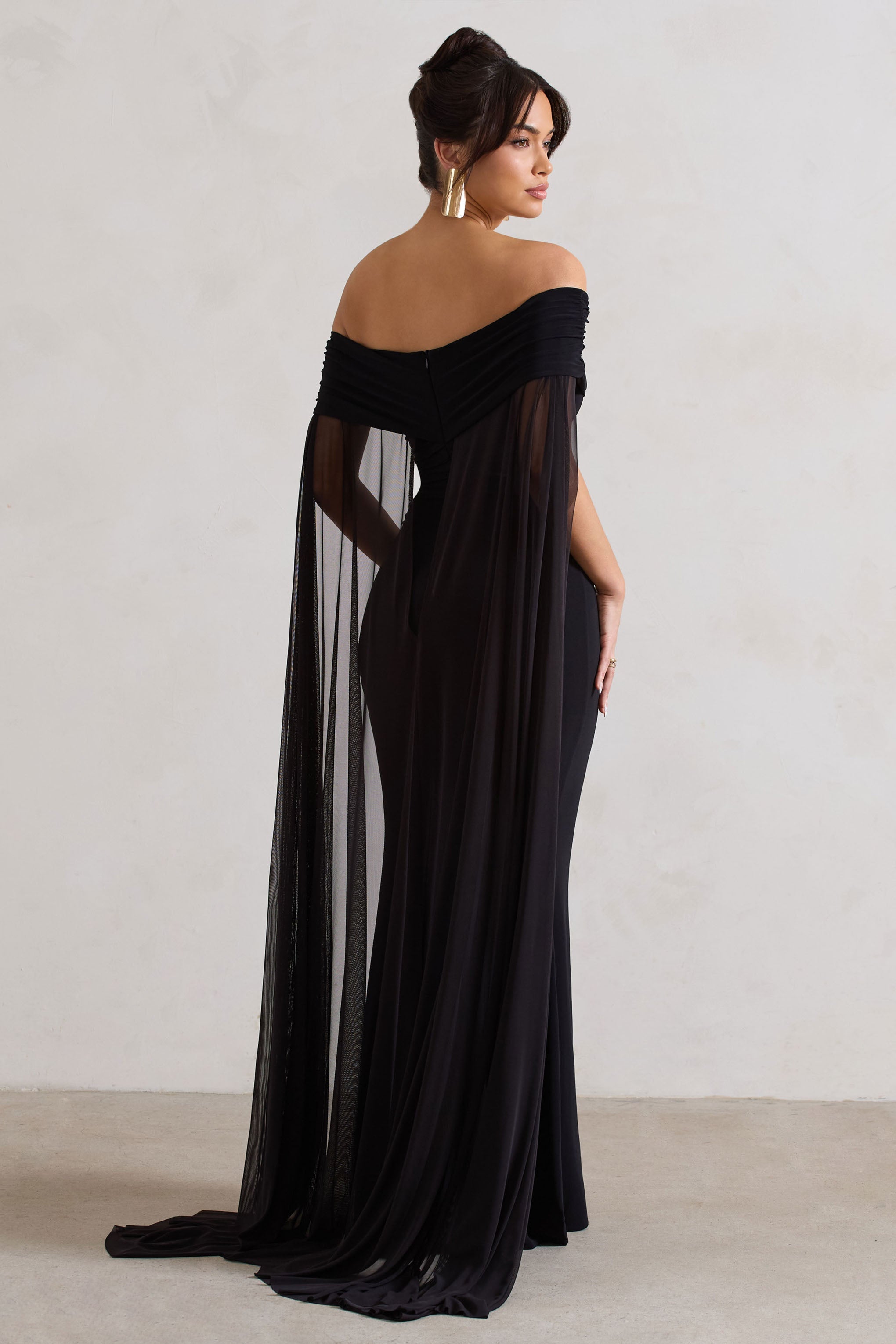 Carlotta | Black Bardot Maxi Dress With Chiffon Cape