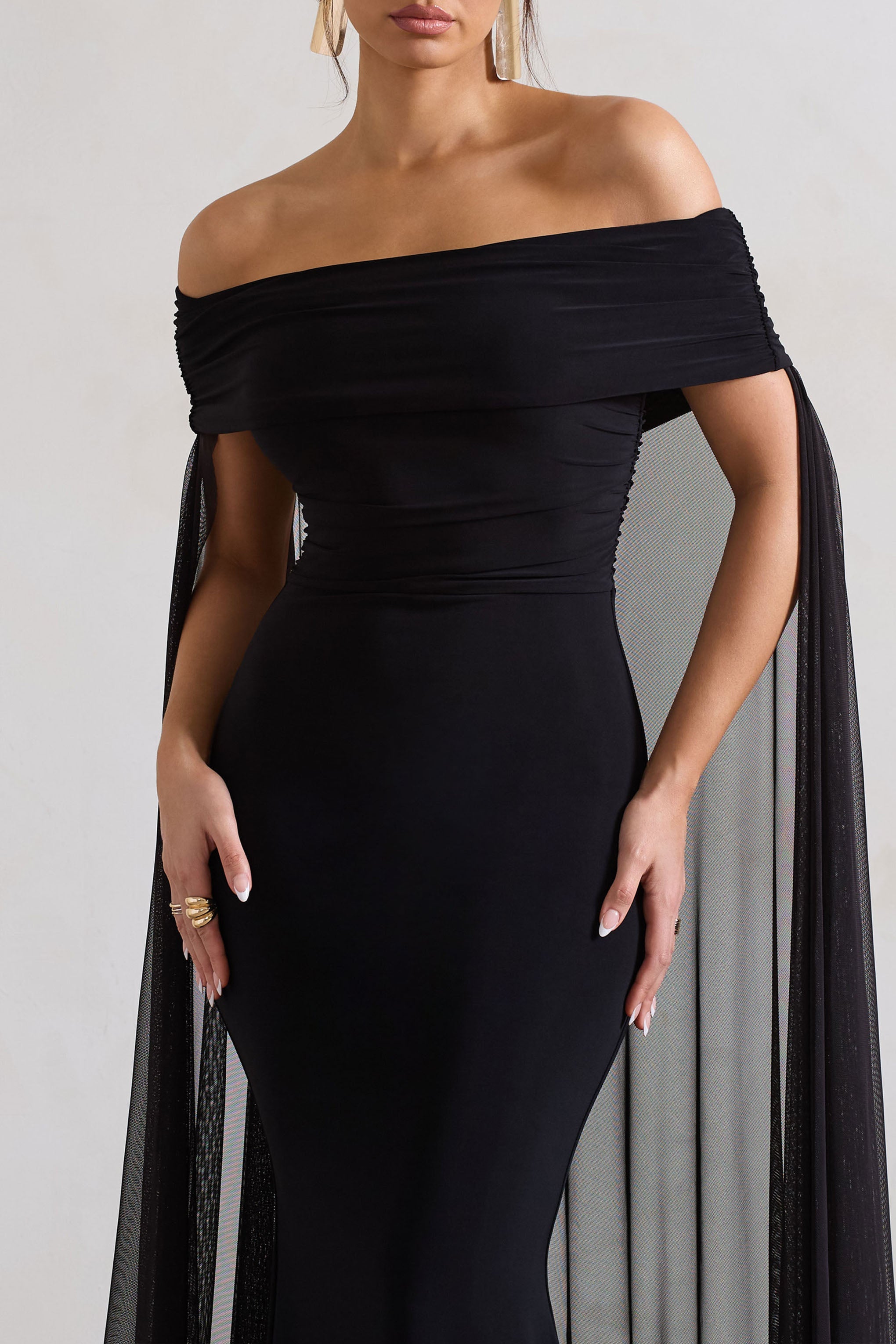 Carlotta | Black Bardot Maxi Dress With Chiffon Cape