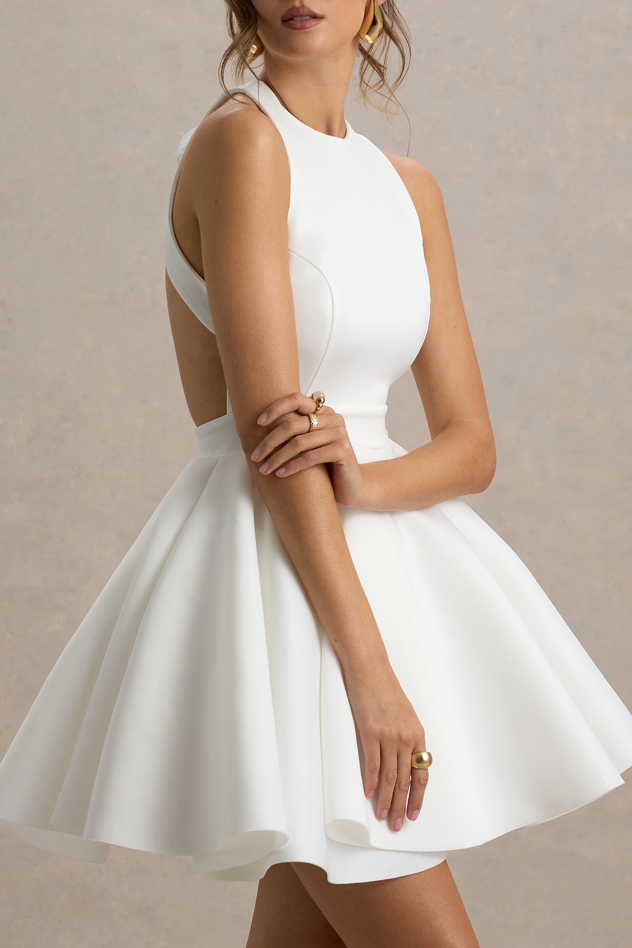 Waverly | White Racer-Neck Sleeveless Skater Mini Dress