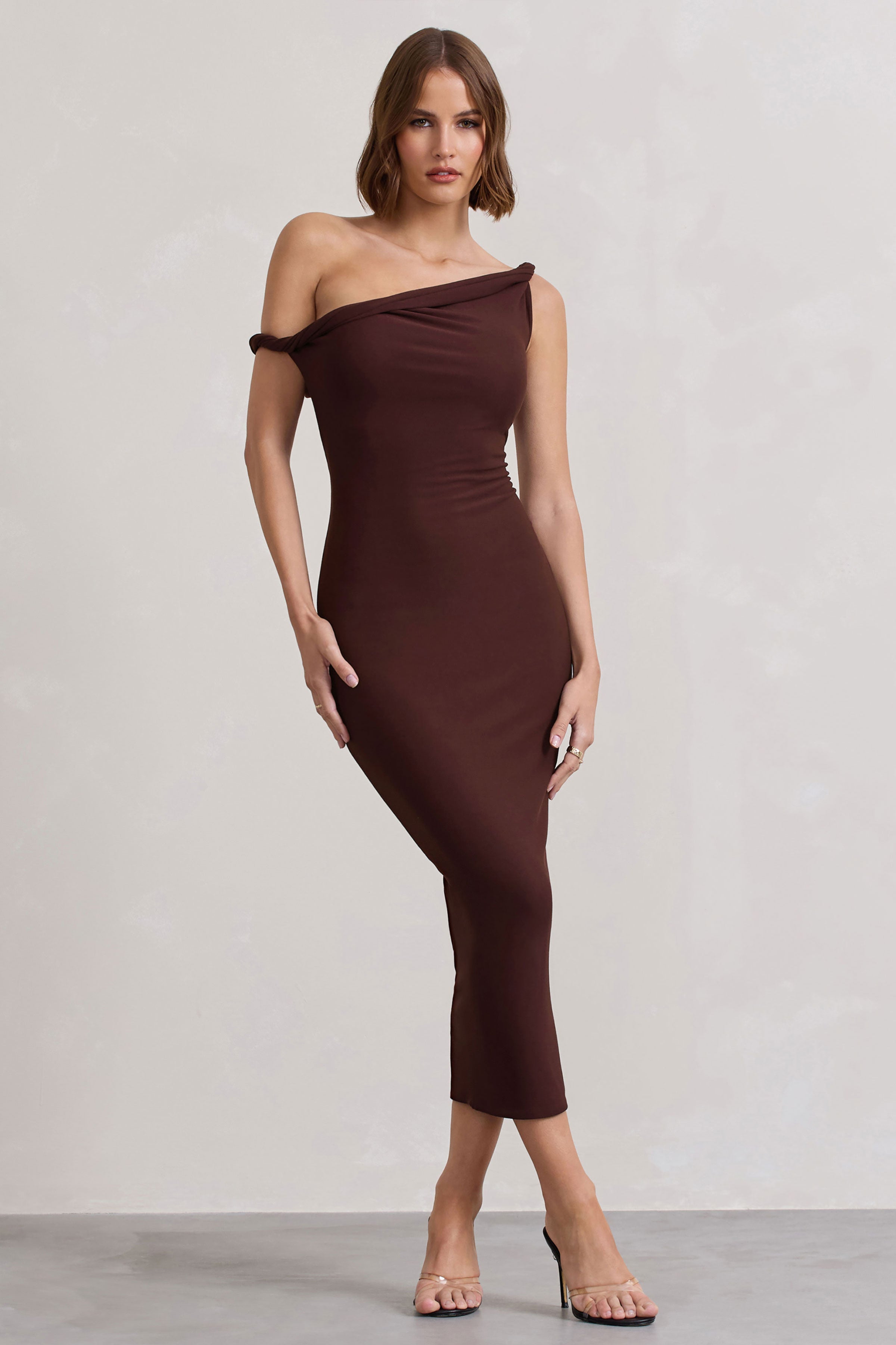 Salome | Chocolate Brown Twisted Asymmetric Midi Dress