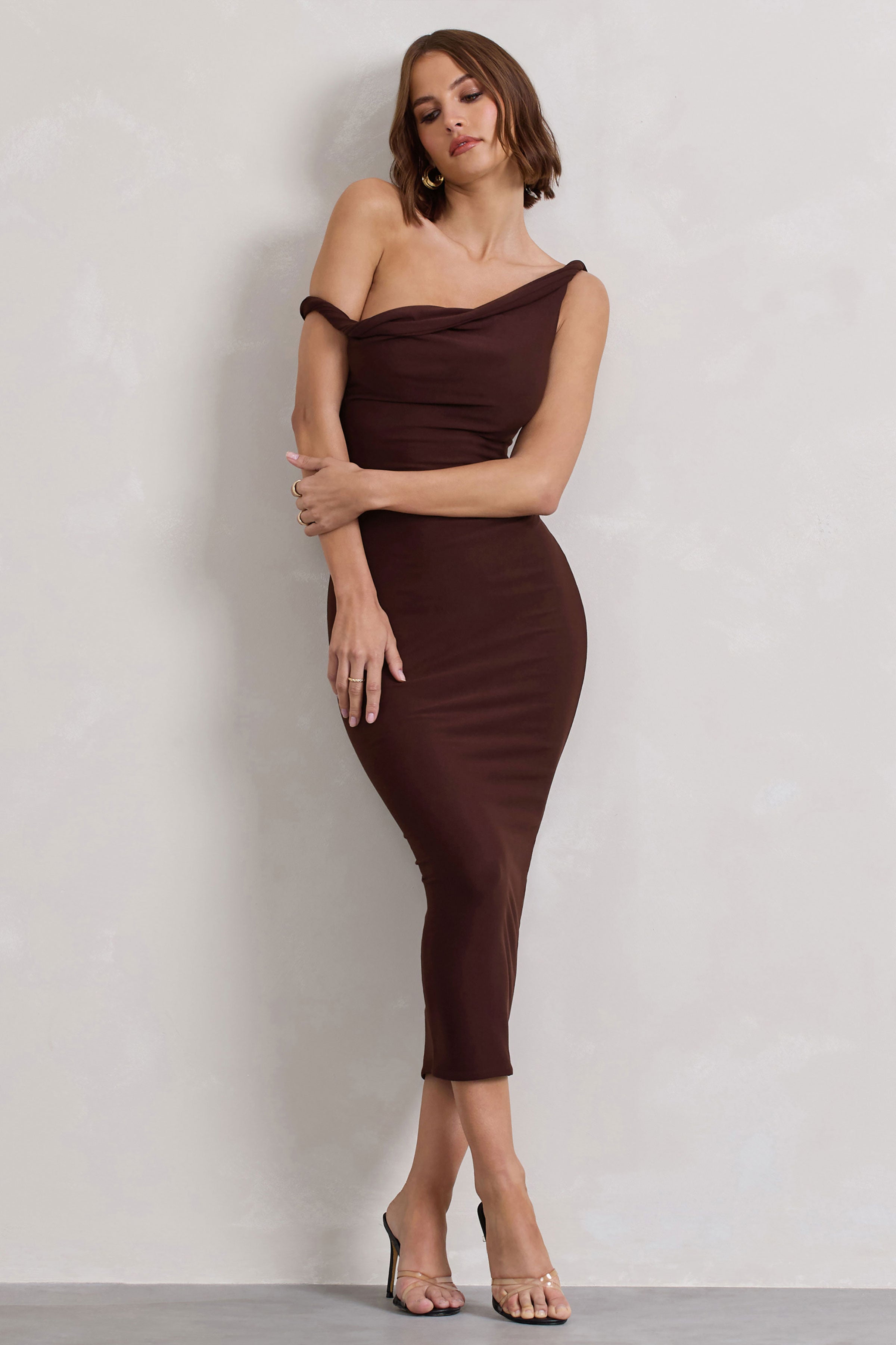 Salome | Chocolate Brown Twisted Asymmetric Midi Dress