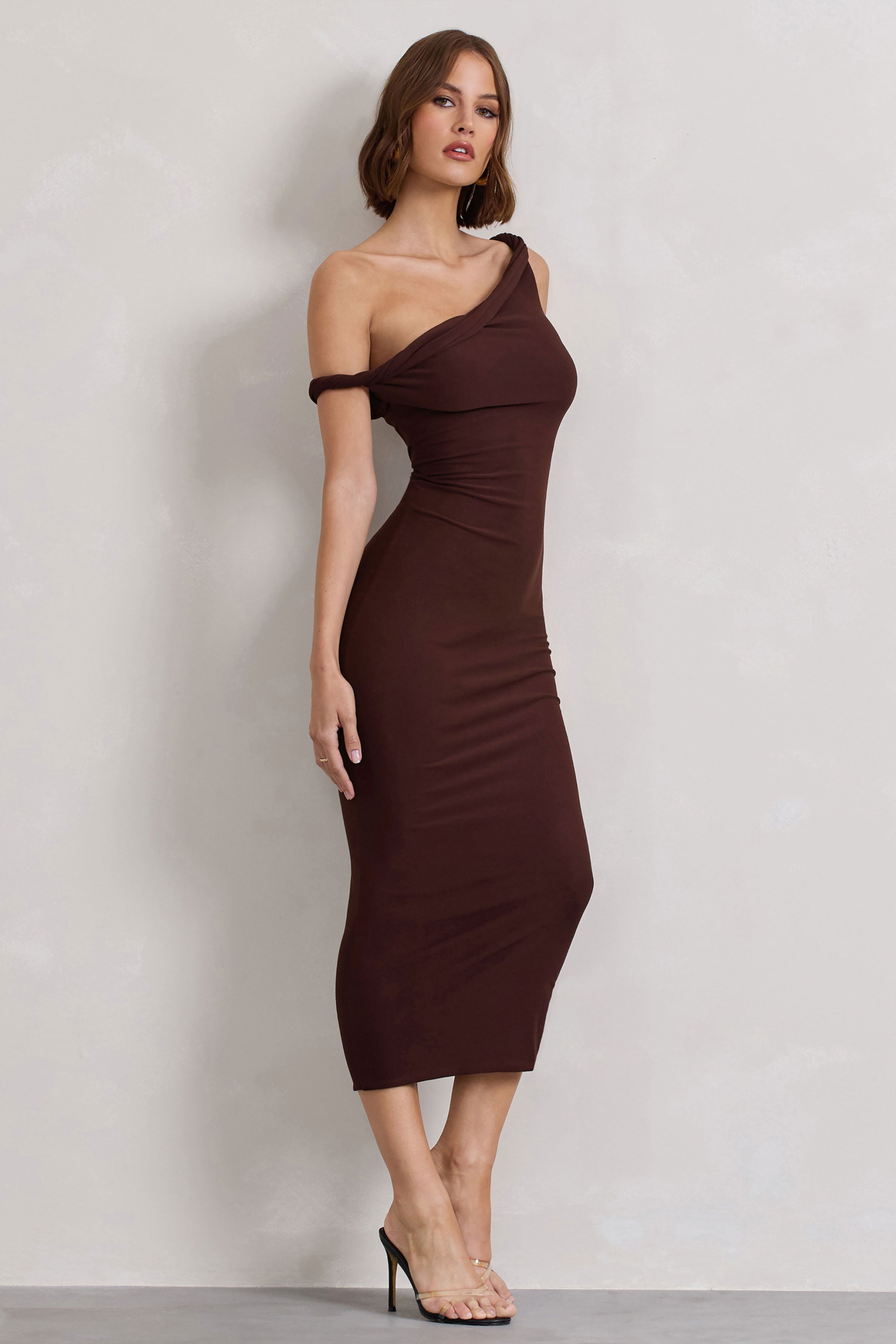 Salome | Chocolate Brown Twisted Asymmetric Midi Dress