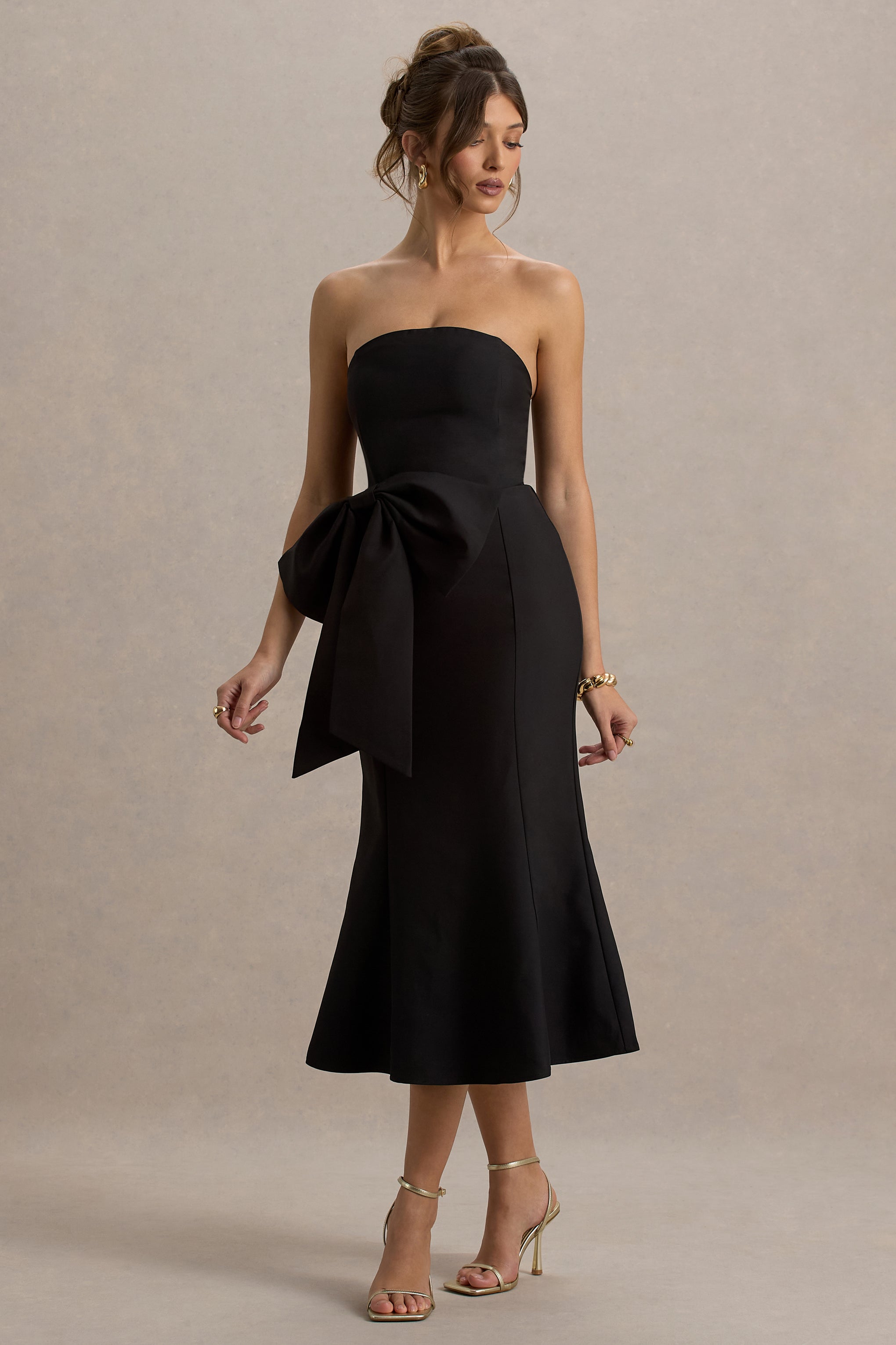 To Me | Black Bandeau Midi Dress With Oversized Bow