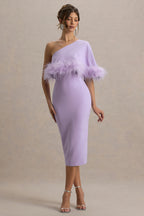 Victory | Lilac One Shoulder Midi Dress With Feather Trim