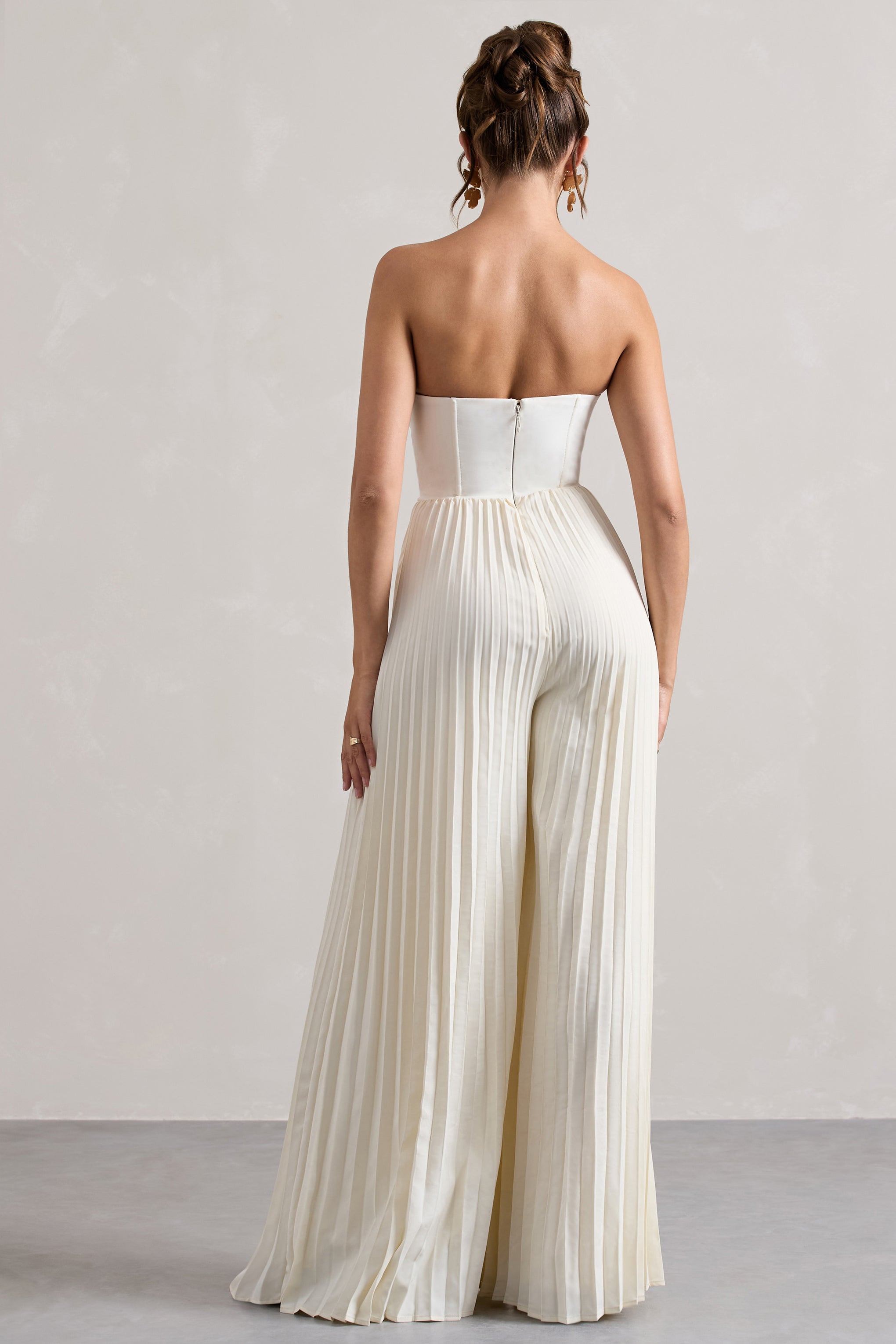 Lorelai | Cream Corset Plisse Wide-Leg Jumpsuit