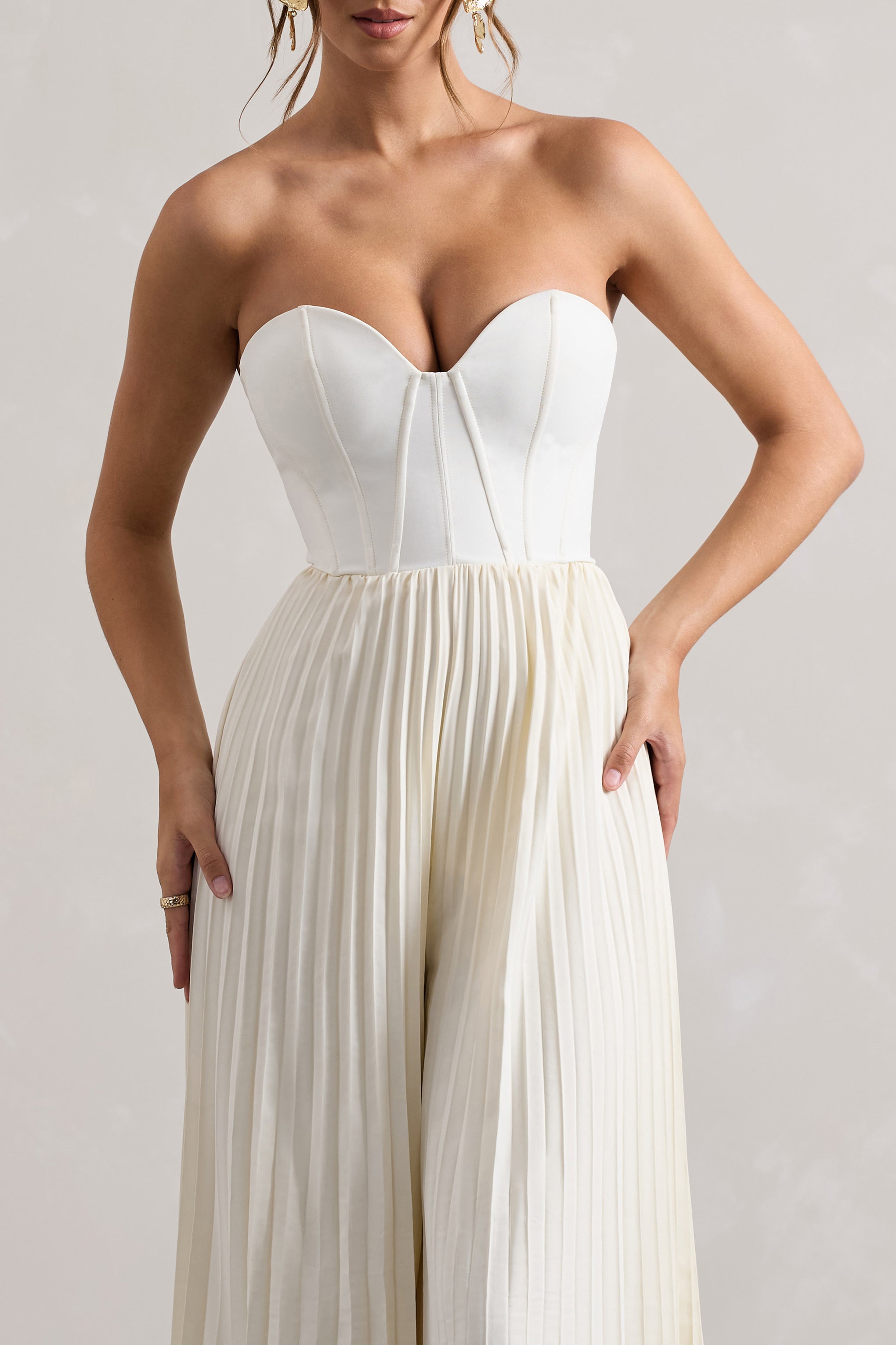 Lorelai | Cream Corset Plisse Wide-Leg Jumpsuit