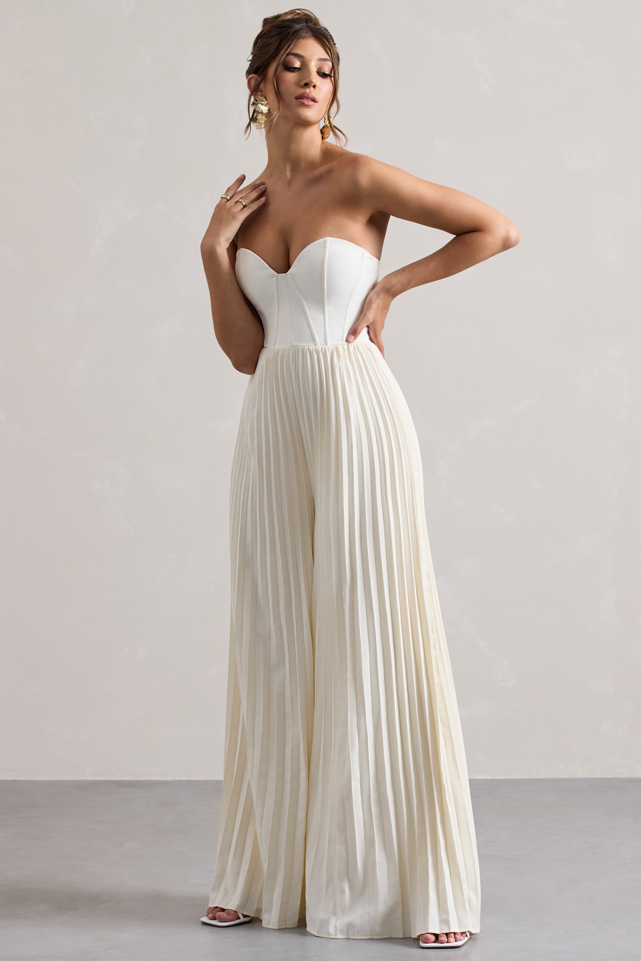 Lorelai | Cream Corset Plisse Wide-Leg Jumpsuit