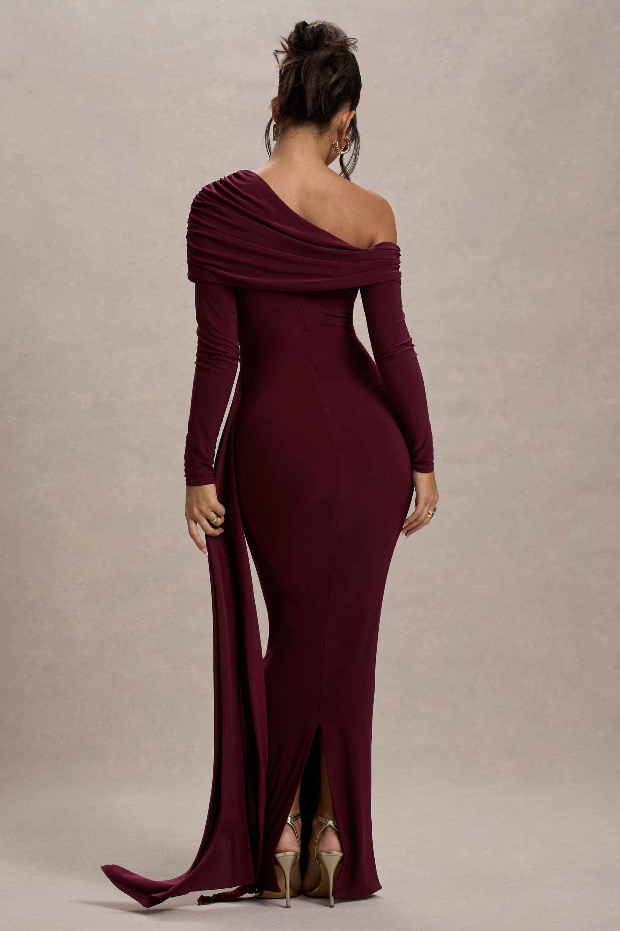 Valina | Burgundy Ruched Asymmetric Maxi Dress With Drape