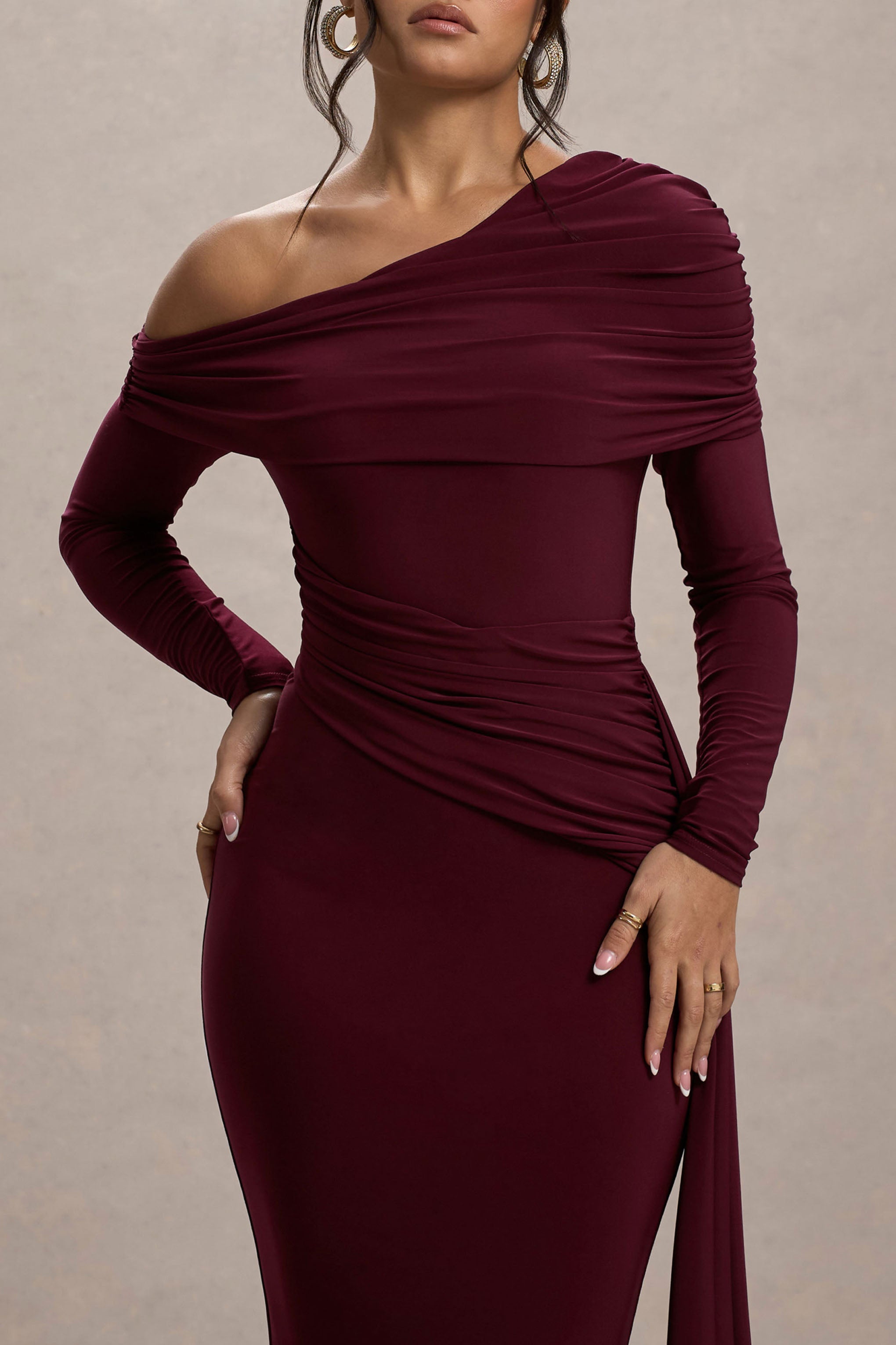 Valina | Burgundy Ruched Asymmetric Maxi Dress With Drape