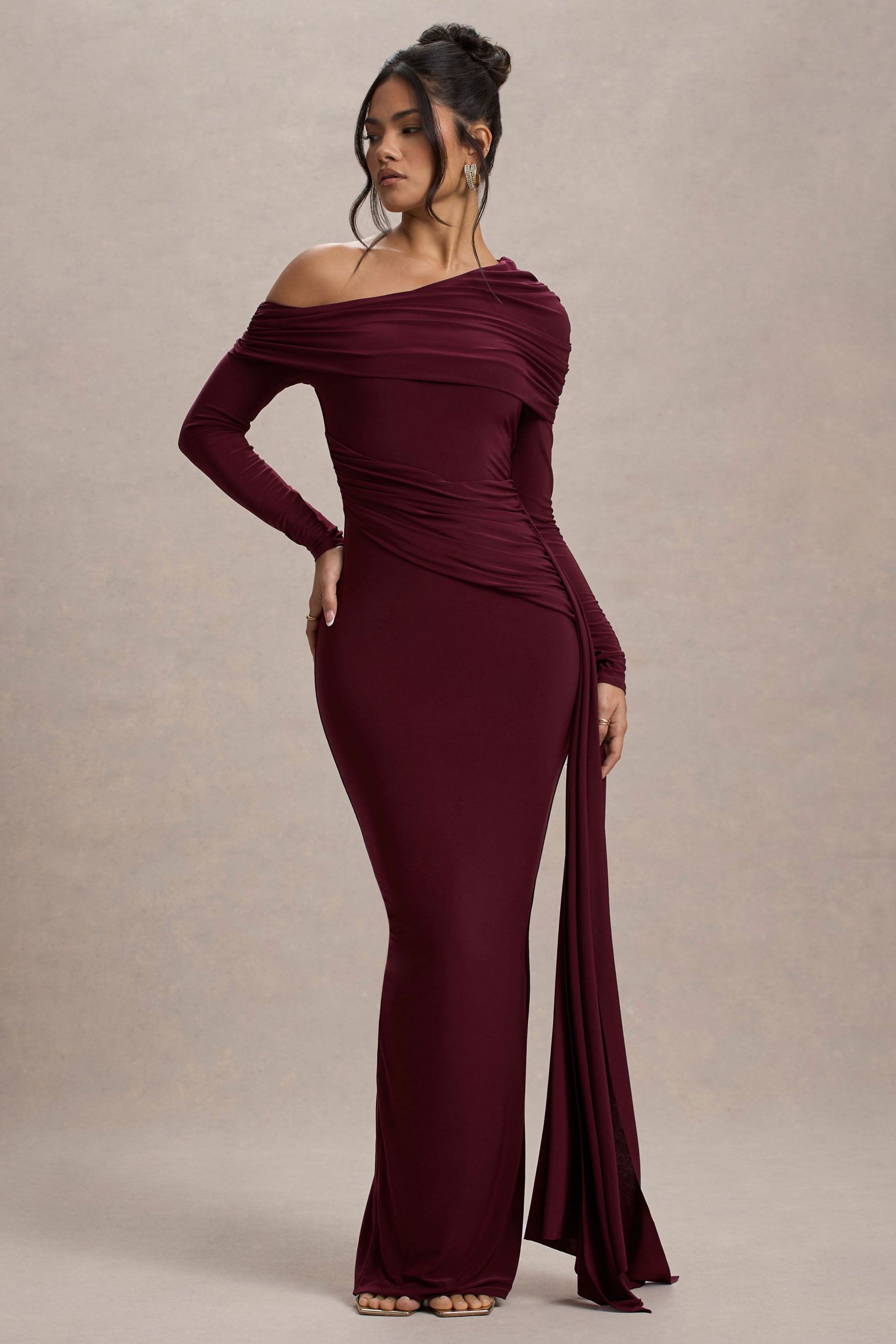 Valina | Burgundy Ruched Asymmetric Maxi Dress With Drape