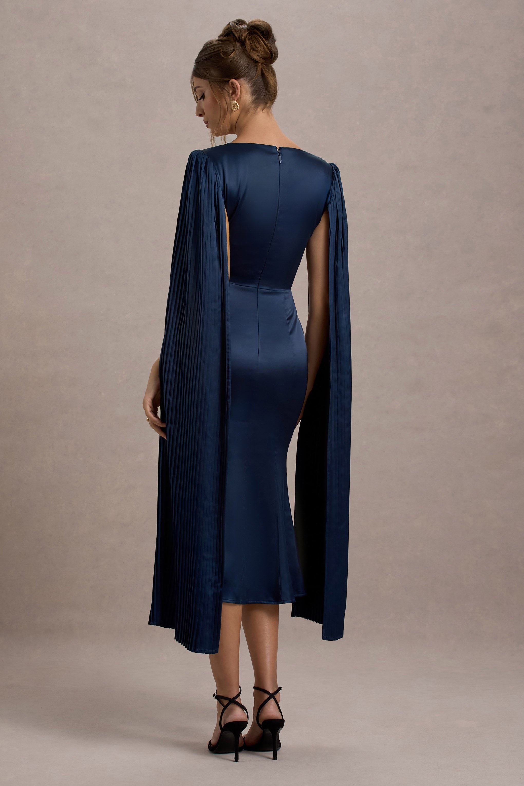 Nalda | Navy Square-Neck Midi Dress With Cape Sleeves