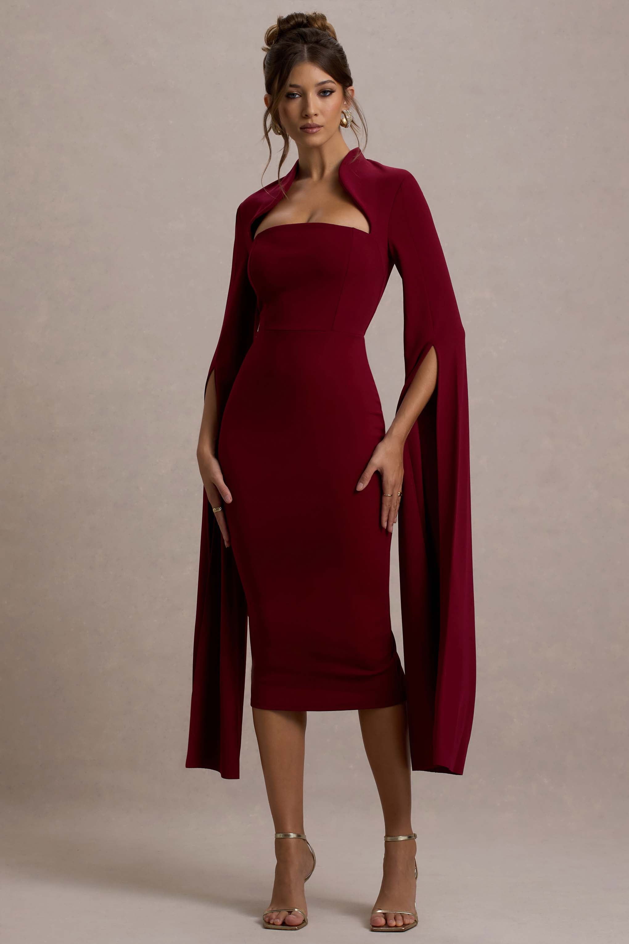 Linden | Berry Bodycon Cape-Sleeve Midi Dress