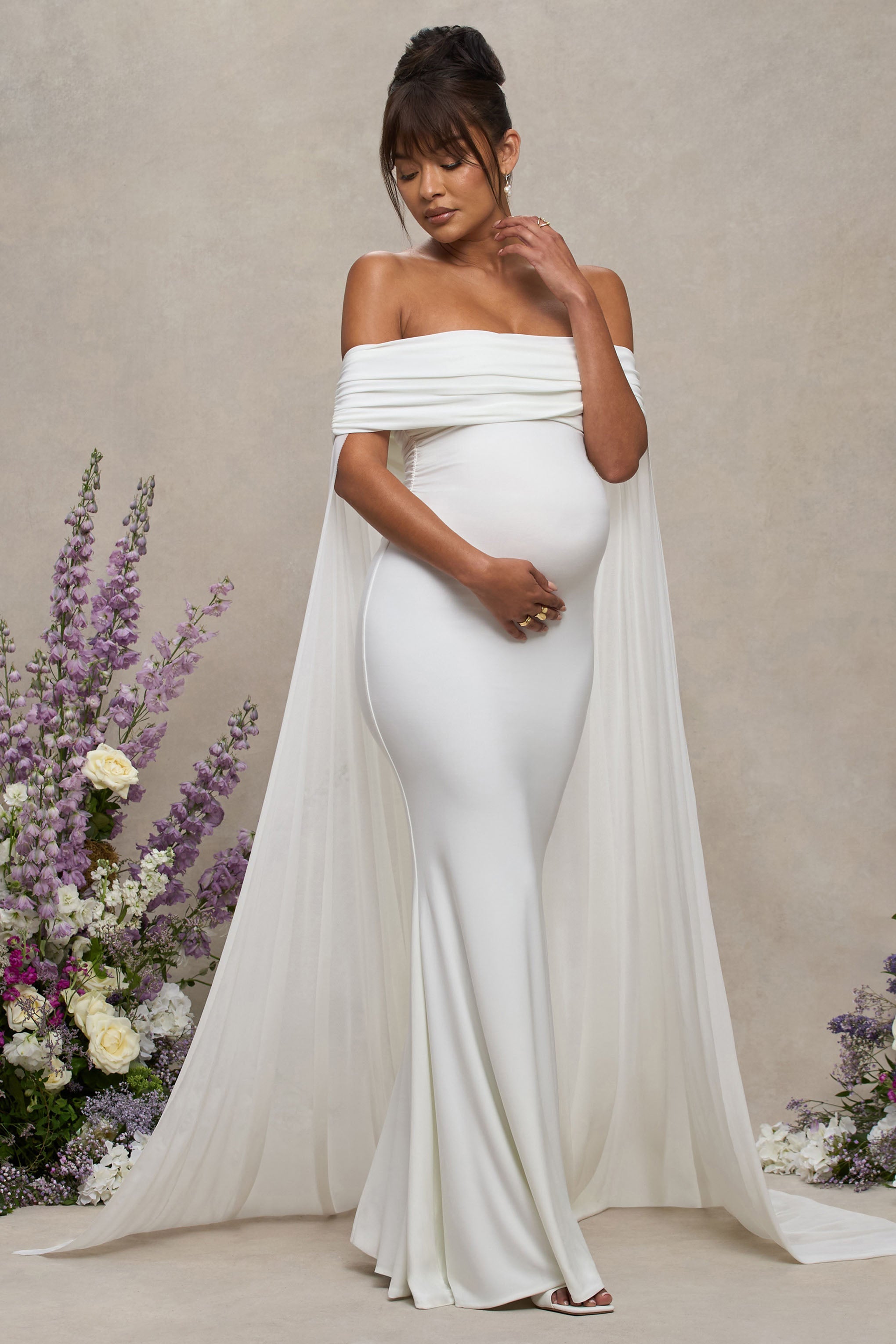 Carlotta | White Bardot Maternity Maxi Dress With Chiffon Cape