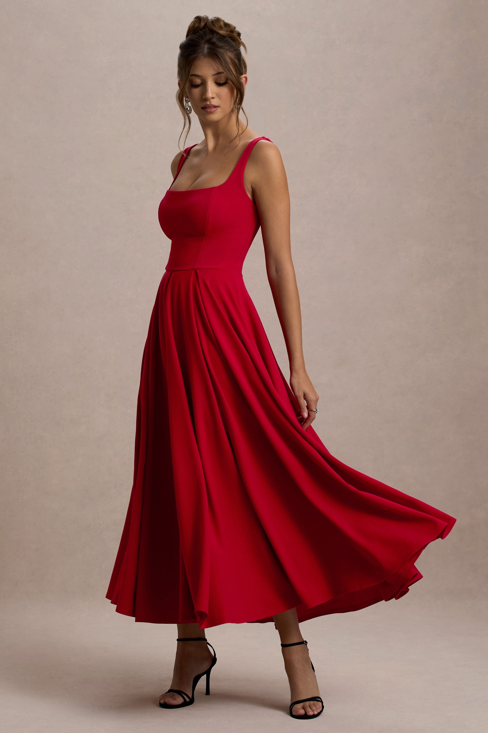 Parina | Red Strappy Volume-Hem Midi Dress