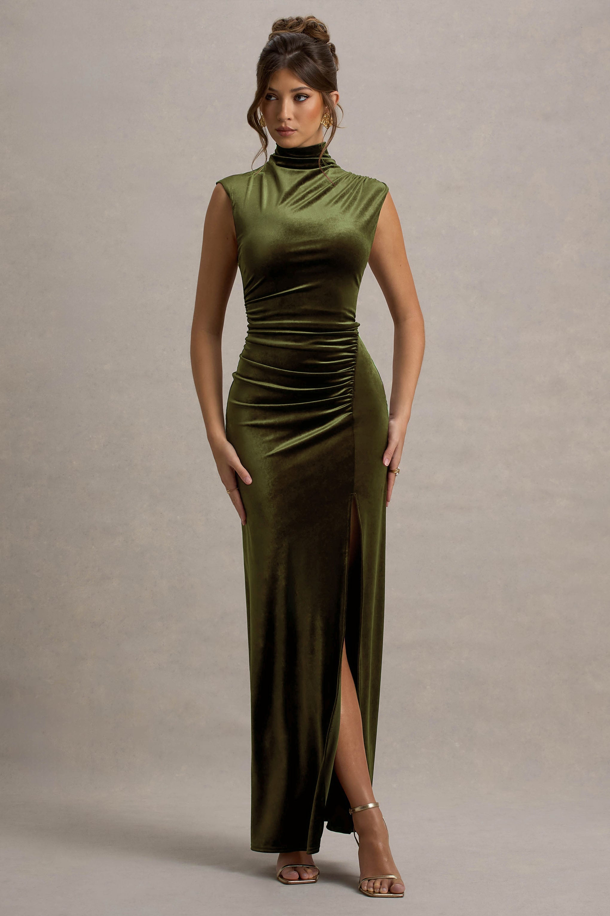 Abilene | Olive Velvet High-Neck Split Maxi Dress