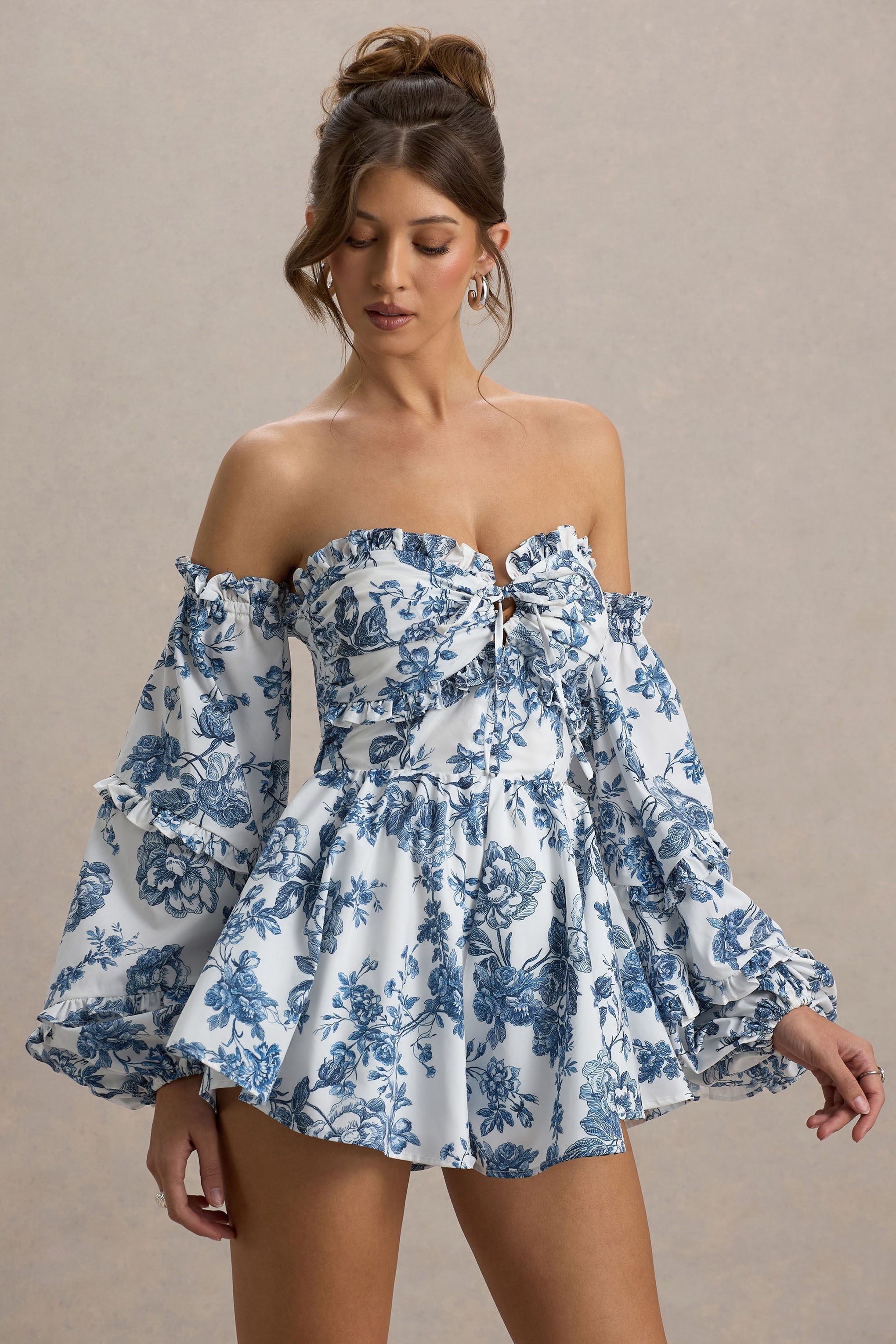 Ithaca | Blue Porcelain Print Bardot Ruffled Playsuit