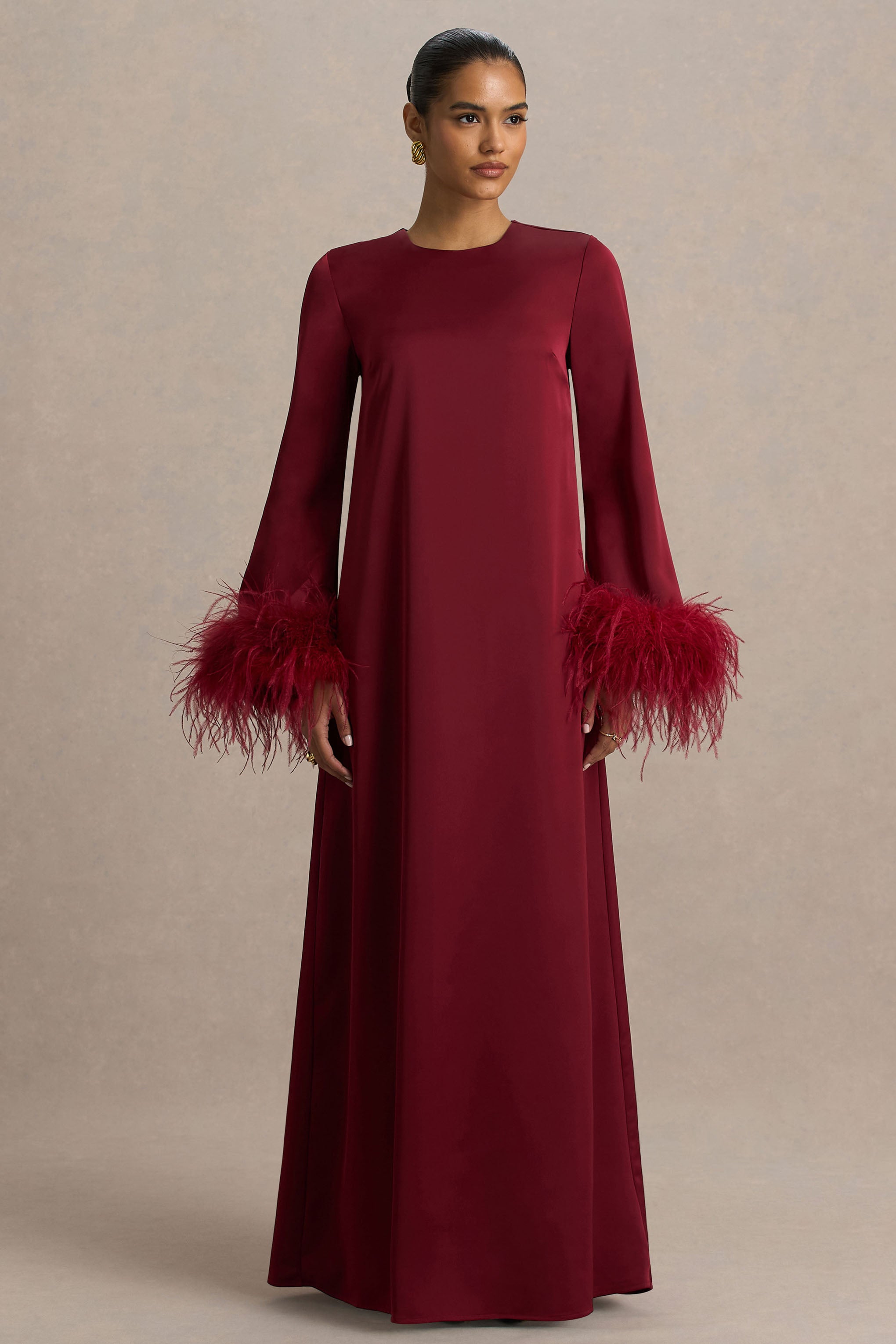 Adella | Burgundy Satin Feather-Trim Maxi Dress
