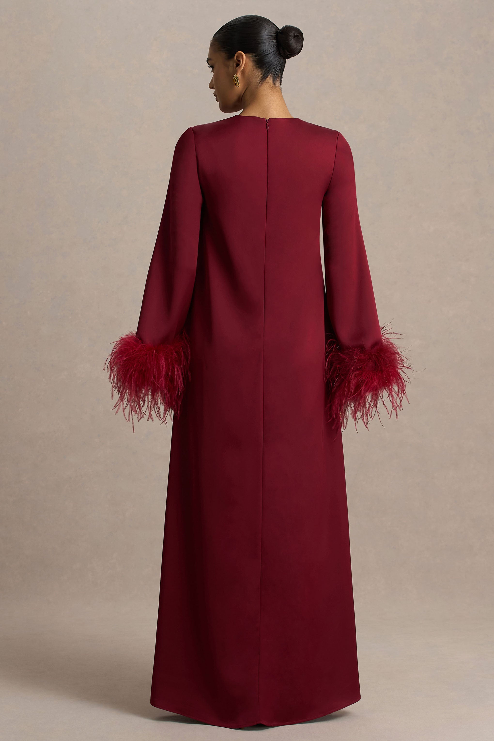 Adella | Burgundy Satin Feather-Trim Maxi Dress