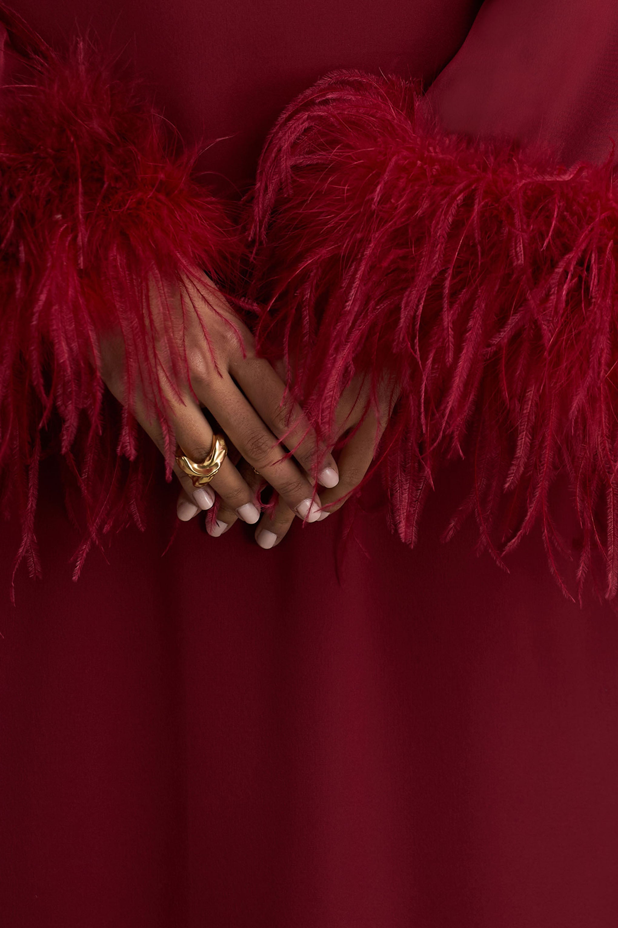 Adella | Burgundy Satin Feather-Trim Maxi Dress