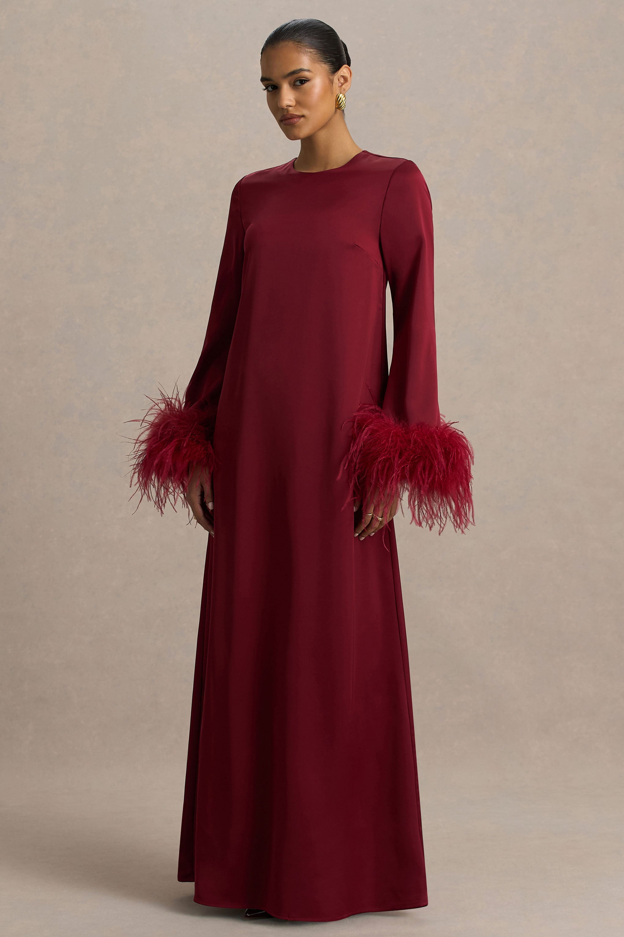 Adella | Burgundy Satin Feather-Trim Maxi Dress
