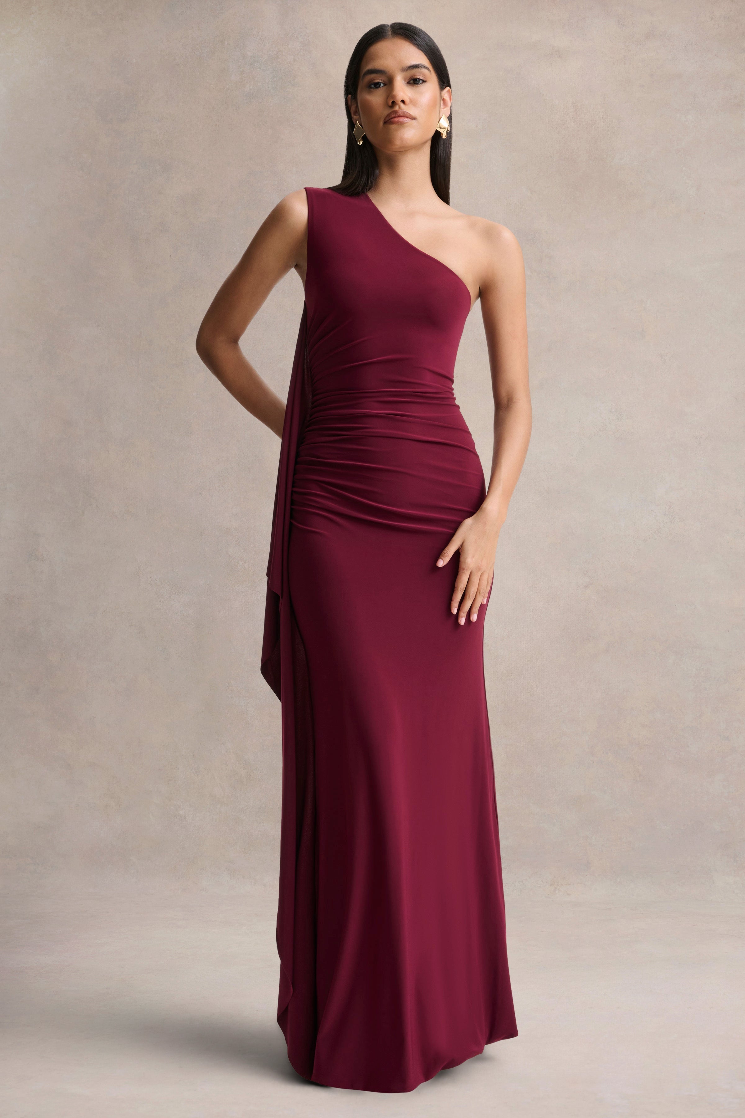 Adelina | Burgundy One-Shoulder Maxi Dress With Drape