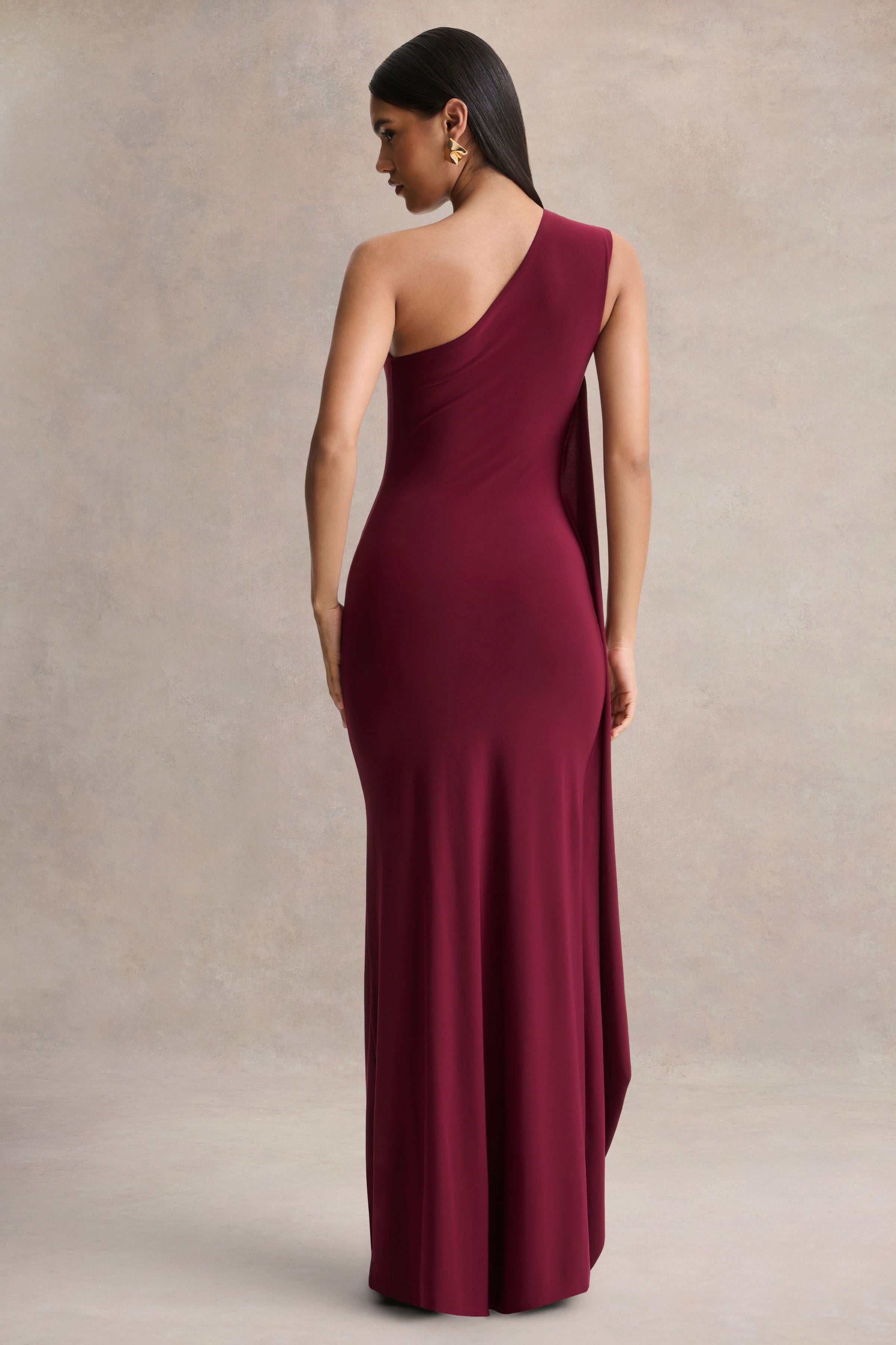 Adelina | Burgundy One-Shoulder Maxi Dress With Drape