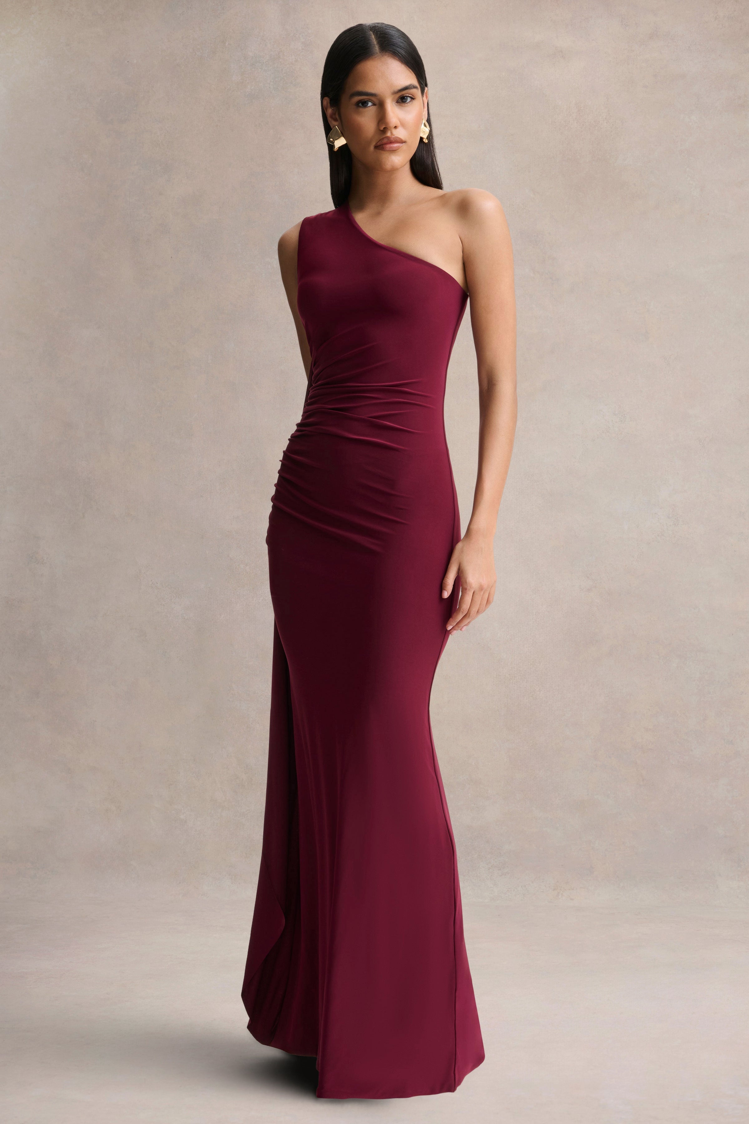 Adelina | Burgundy One-Shoulder Maxi Dress With Drape
