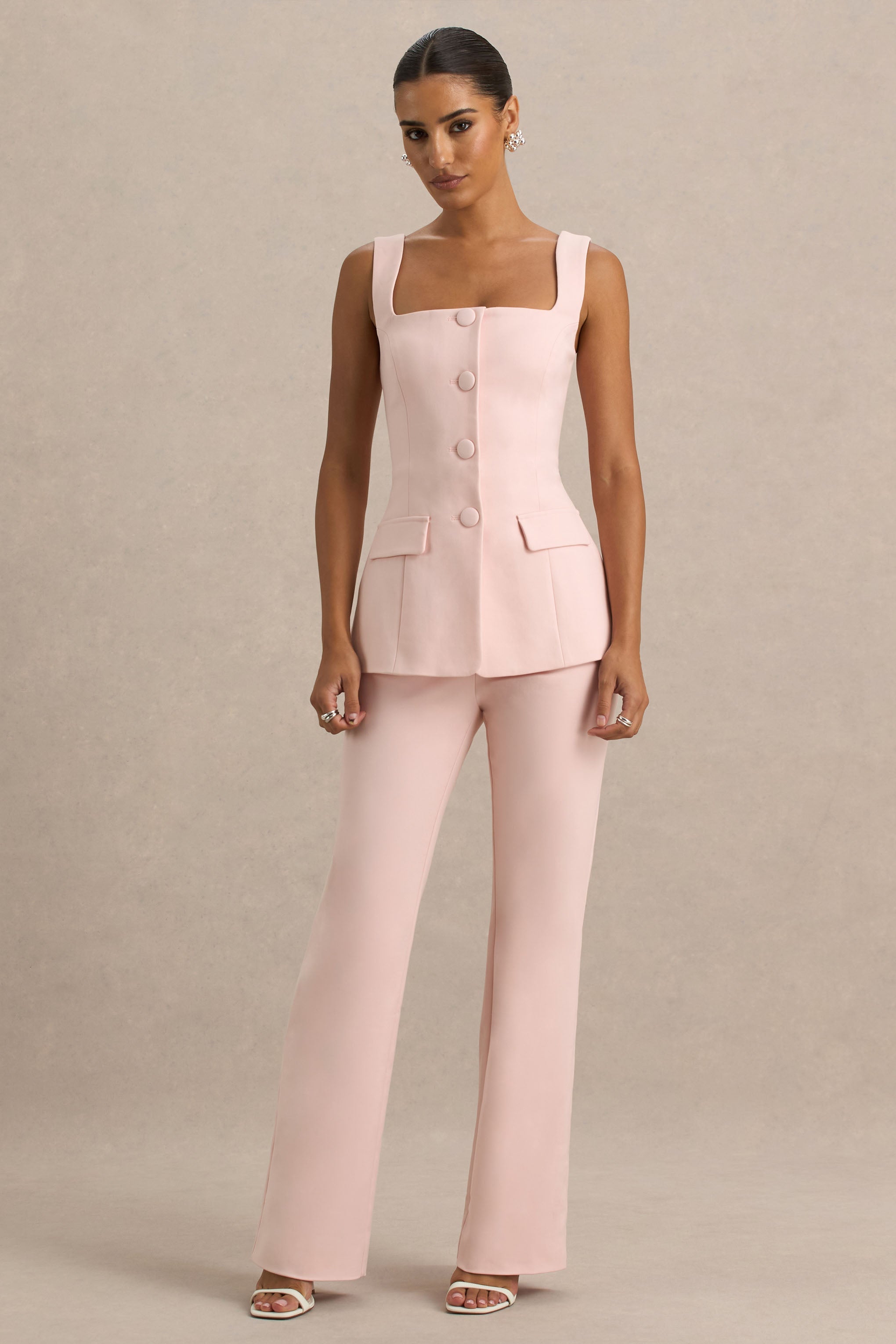 Aceline | Baby Pink Square-Neck Tailored Jumpsuit