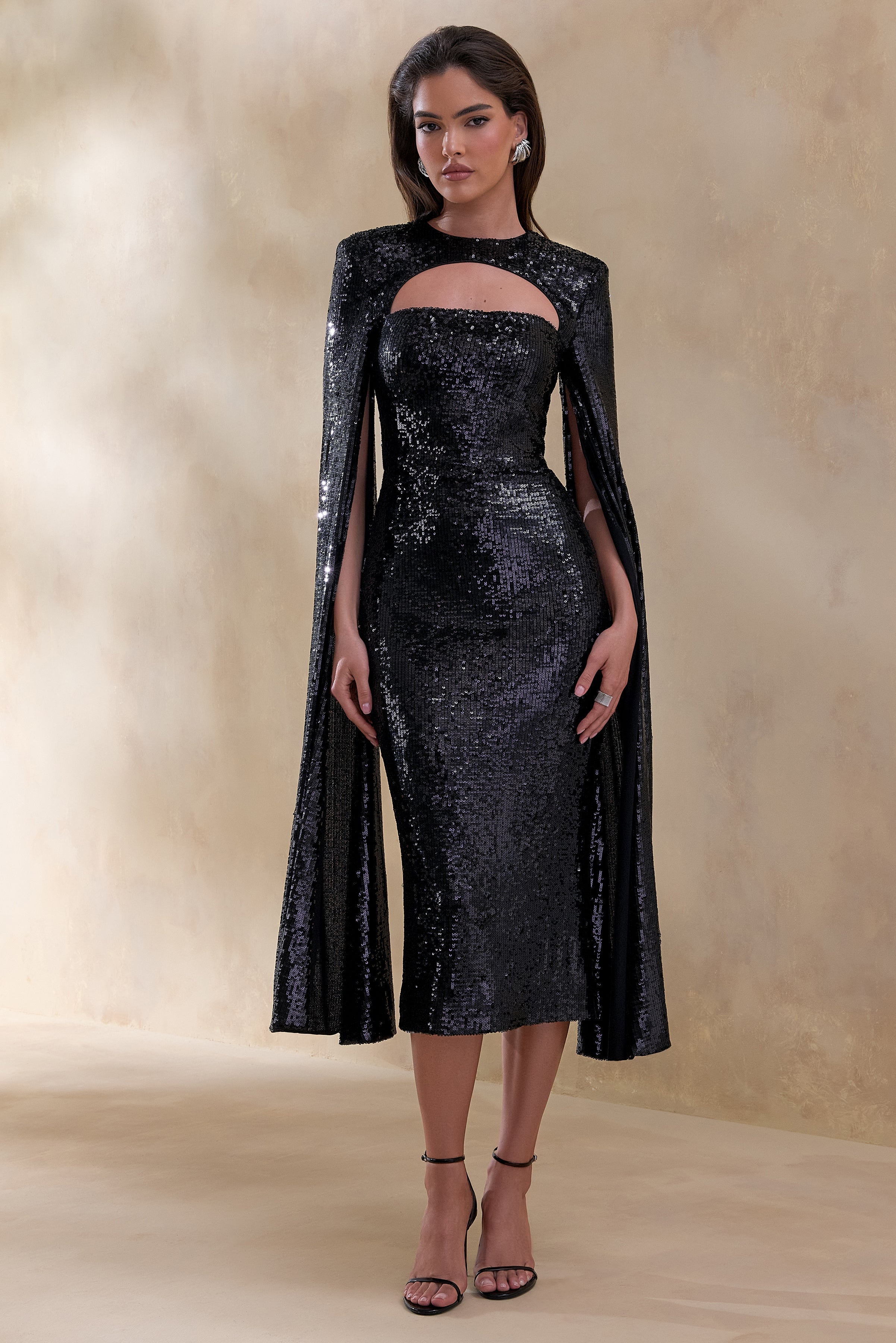 Adeline | Black Sequin Crew-Neck Midi Dress With Cape Sleeves