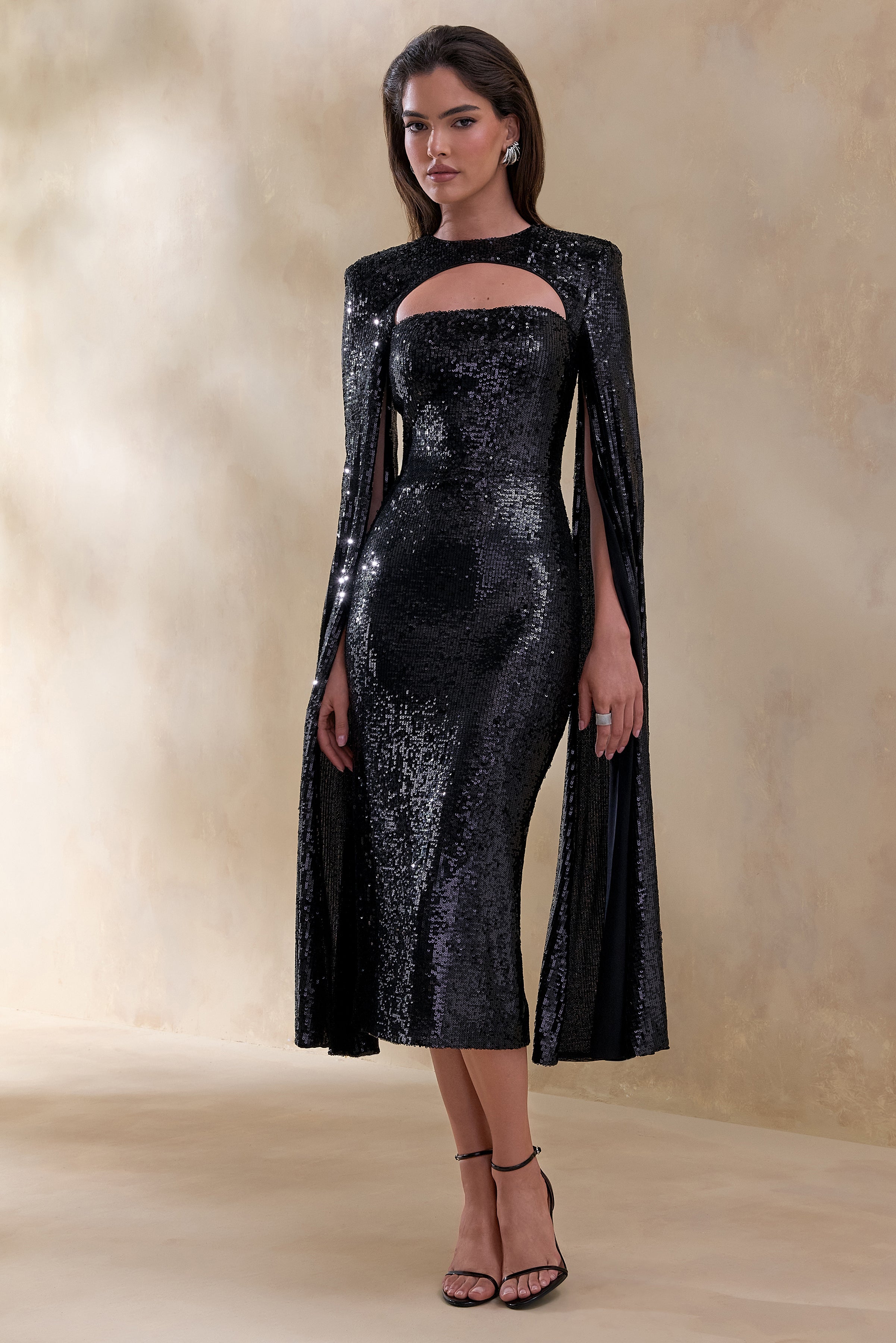 Adeline | Black Sequin Crew-Neck Midi Dress With Cape Sleeves
