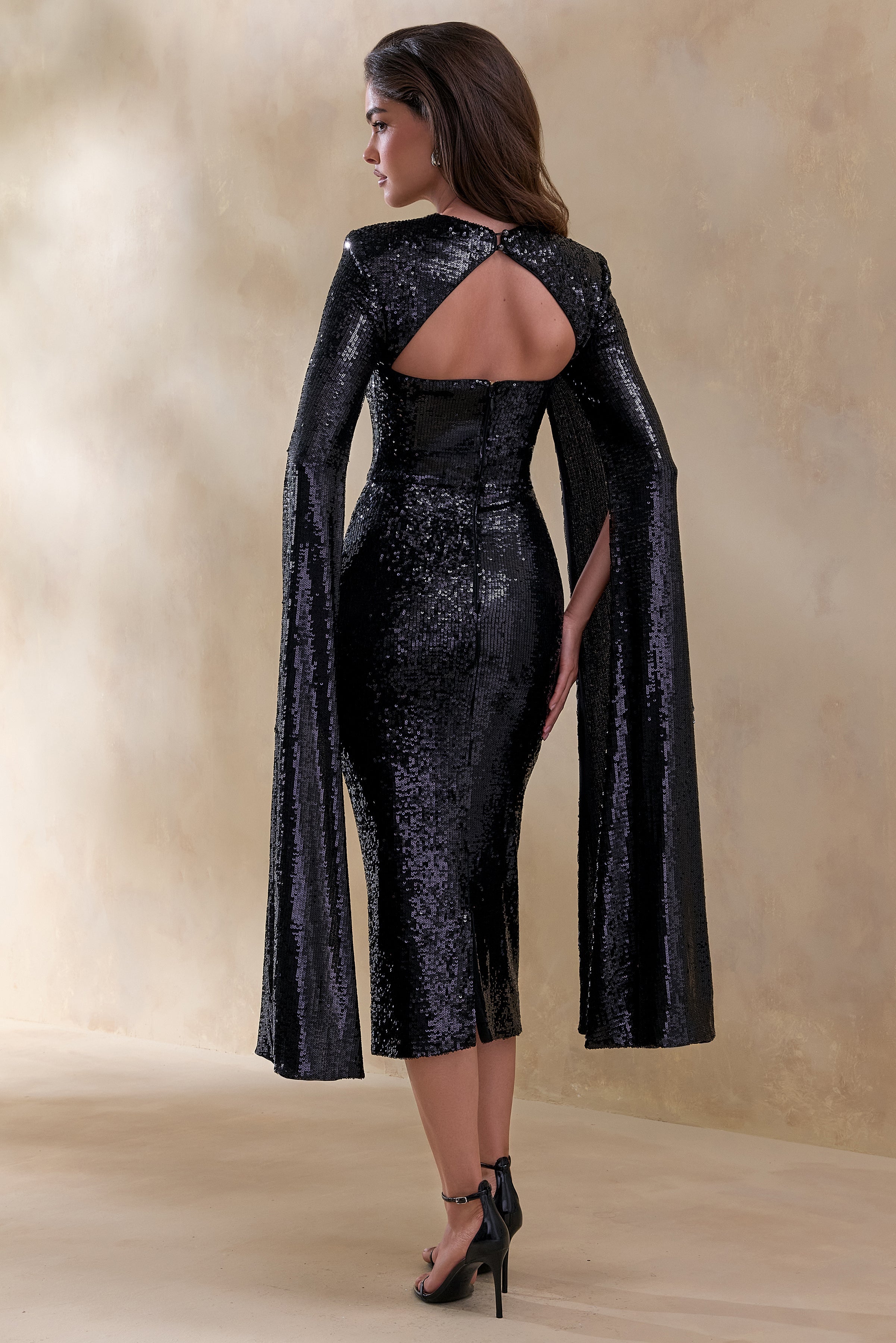 Adeline | Black Sequin Crew-Neck Midi Dress With Cape Sleeves