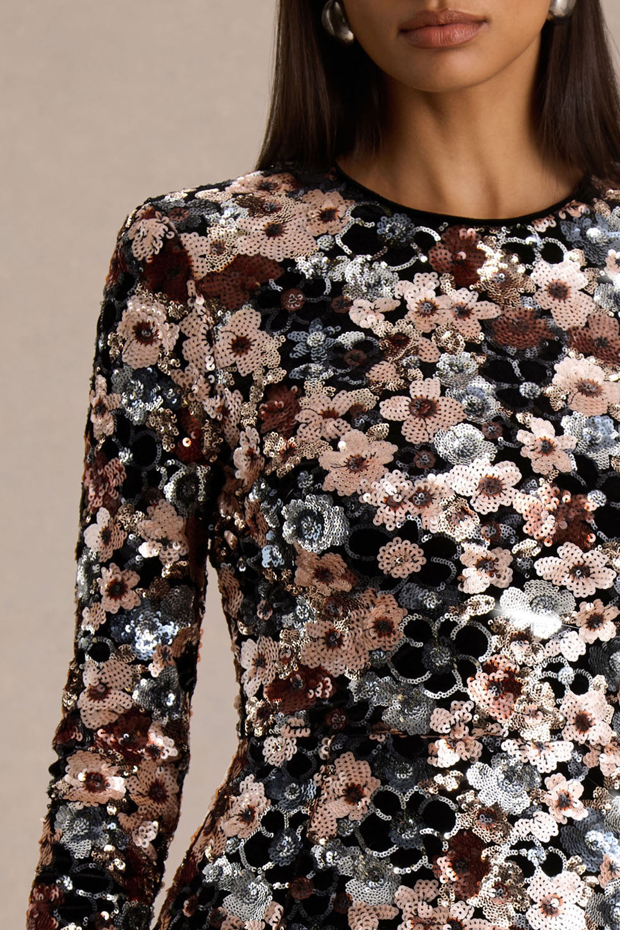 Adaline | Black Velvet & Embellished Sequin Floral Long-Sleeved Mini Dress