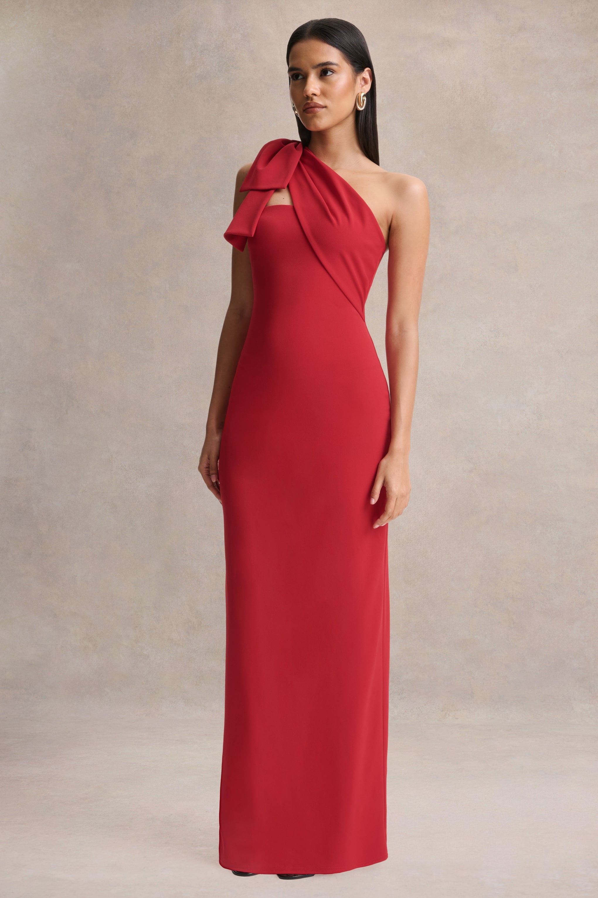 Adara | Red Asymmetric-Neck Maxi Dress With Bow-Detail