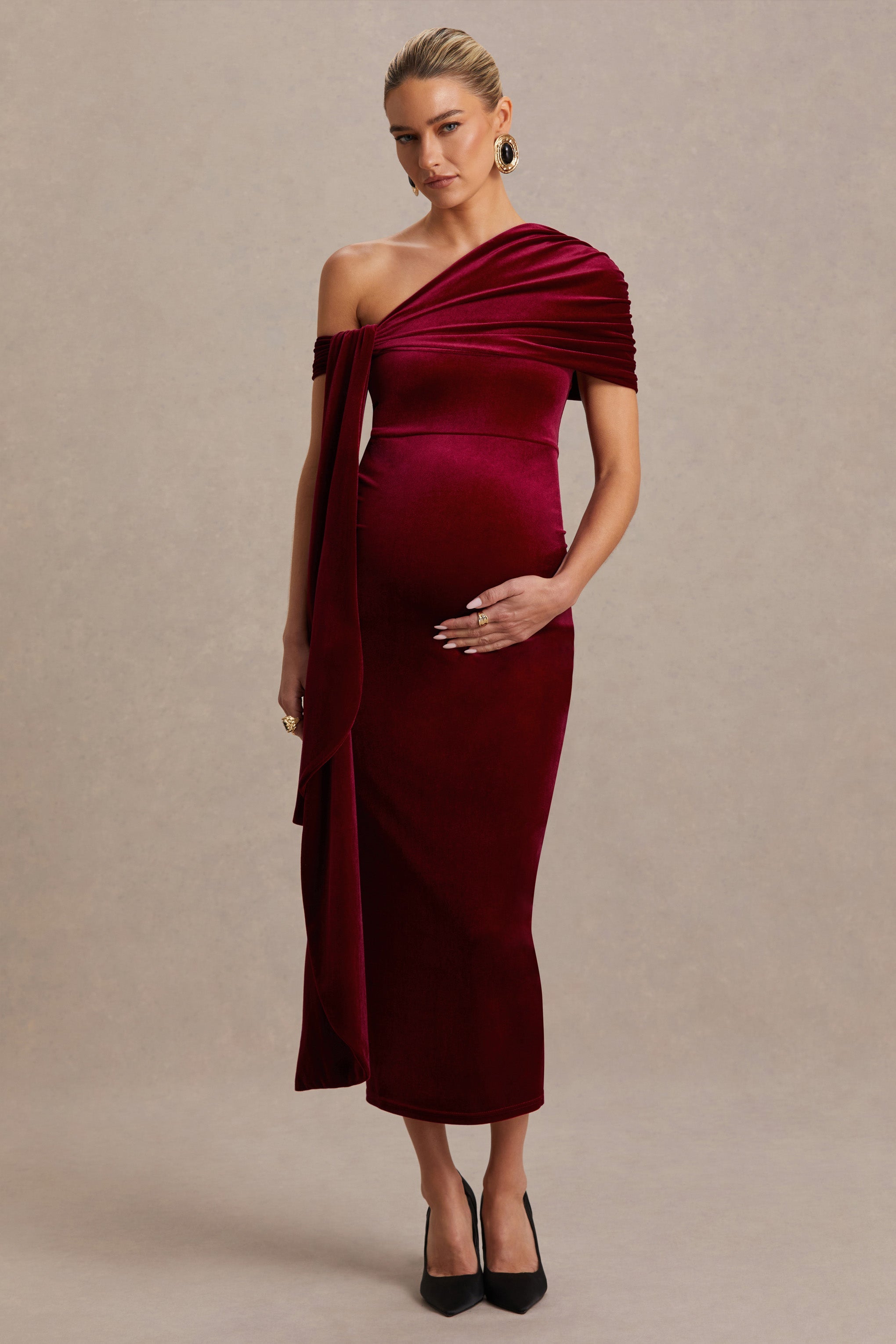 Zena | Burgundy Velvet Asymmetric-Neck Maternity Midi Dress With Knot And Sash Detail