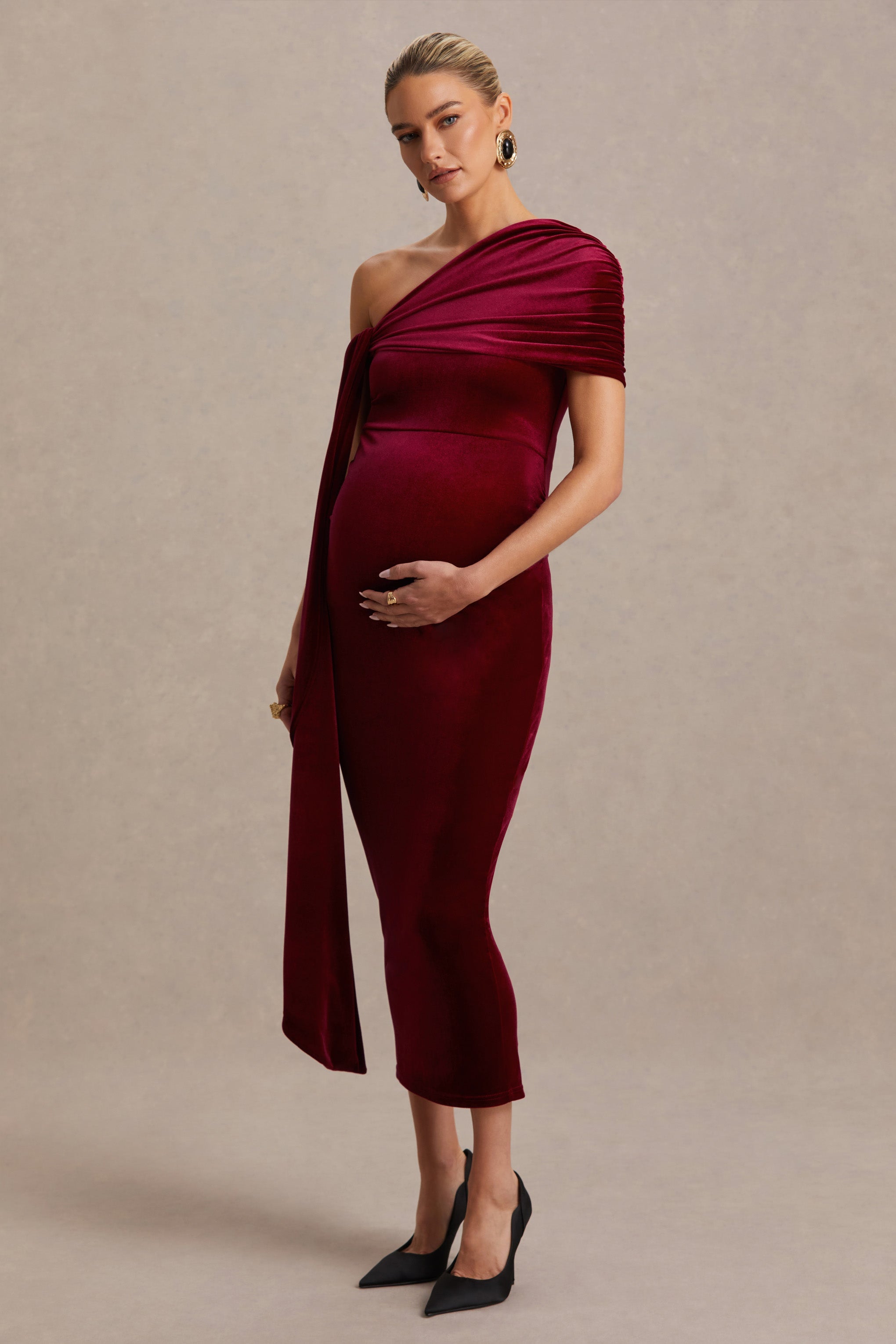 Zena | Burgundy Velvet Asymmetric-Neck Maternity Midi Dress With Knot And Sash Detail